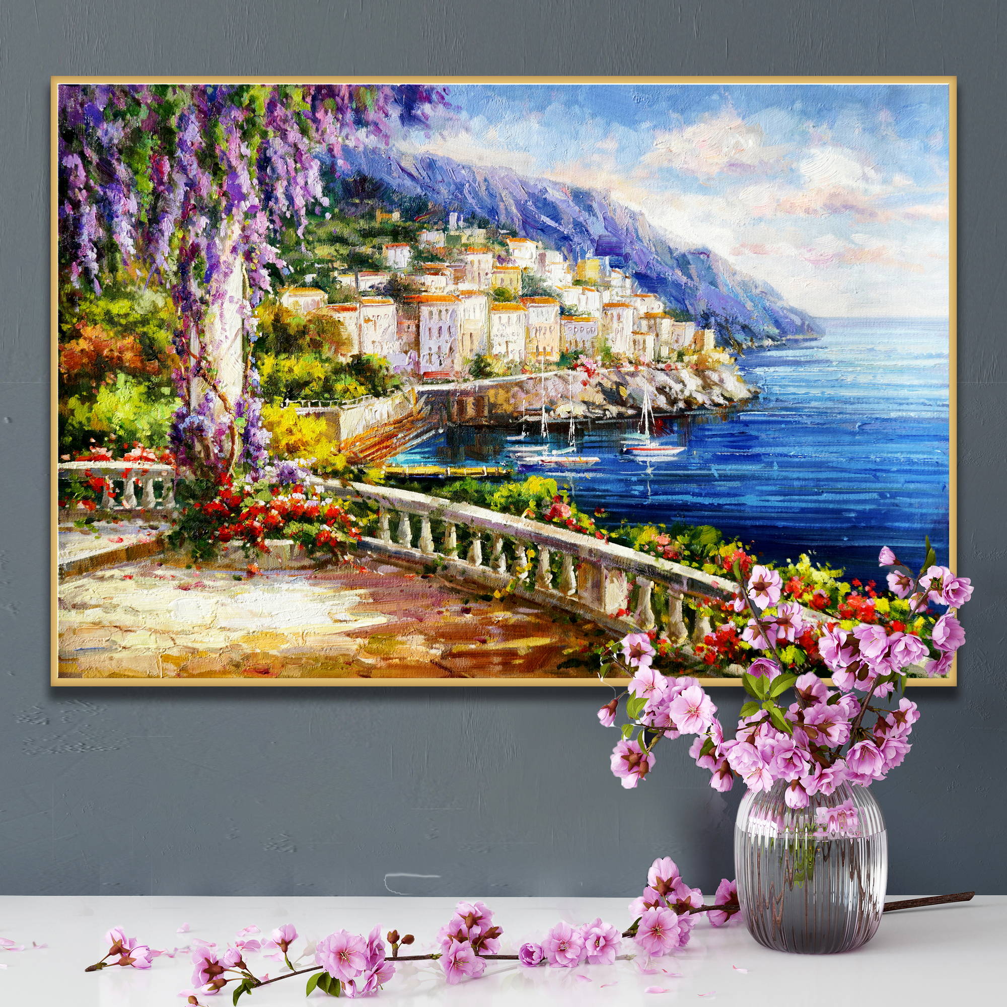 Dipinto di una terrazza con vista sulla costiera amalfitana con fiori e barche