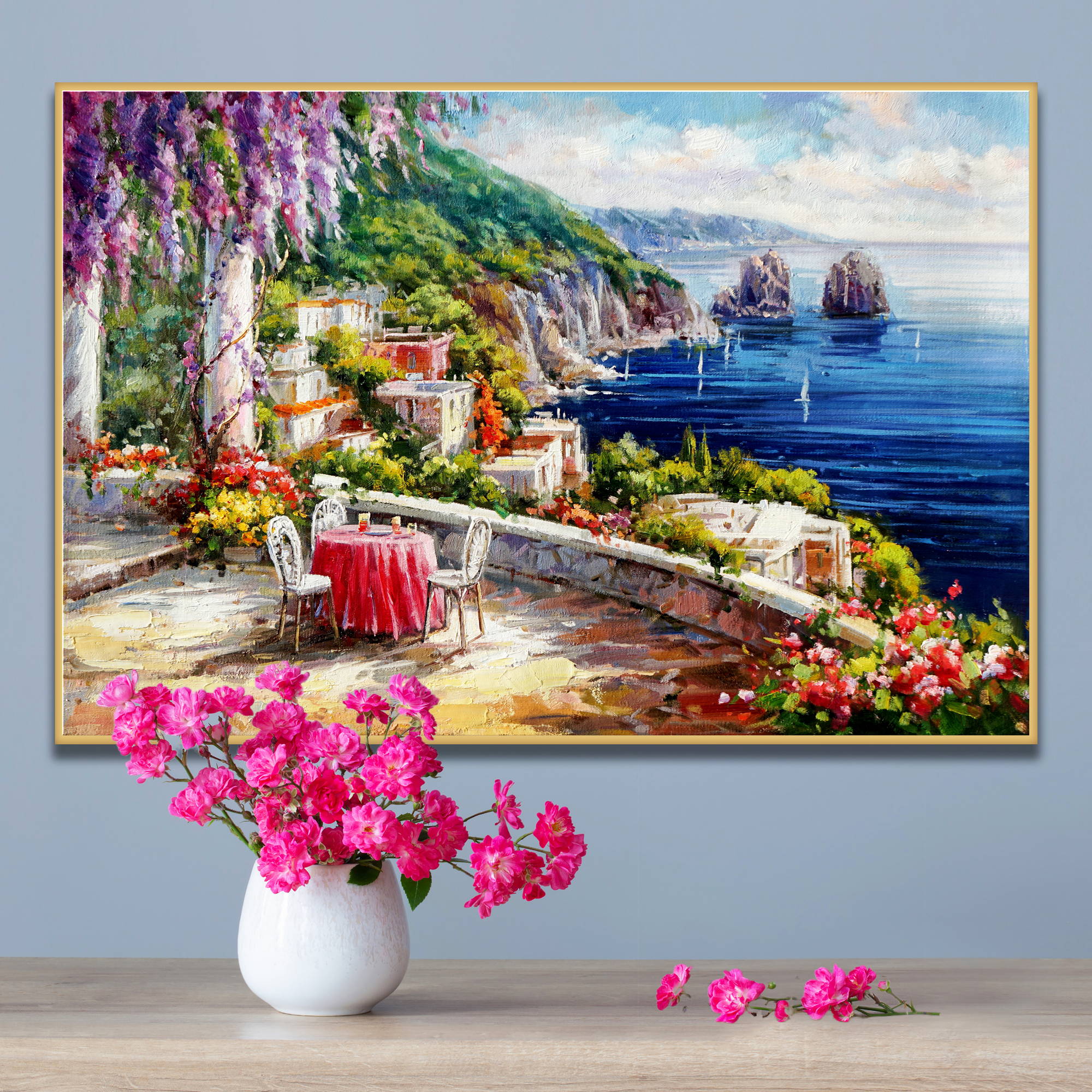 Dipinto di terrazza sul mare con fiori e vista panoramica sui faraglioni di Capri