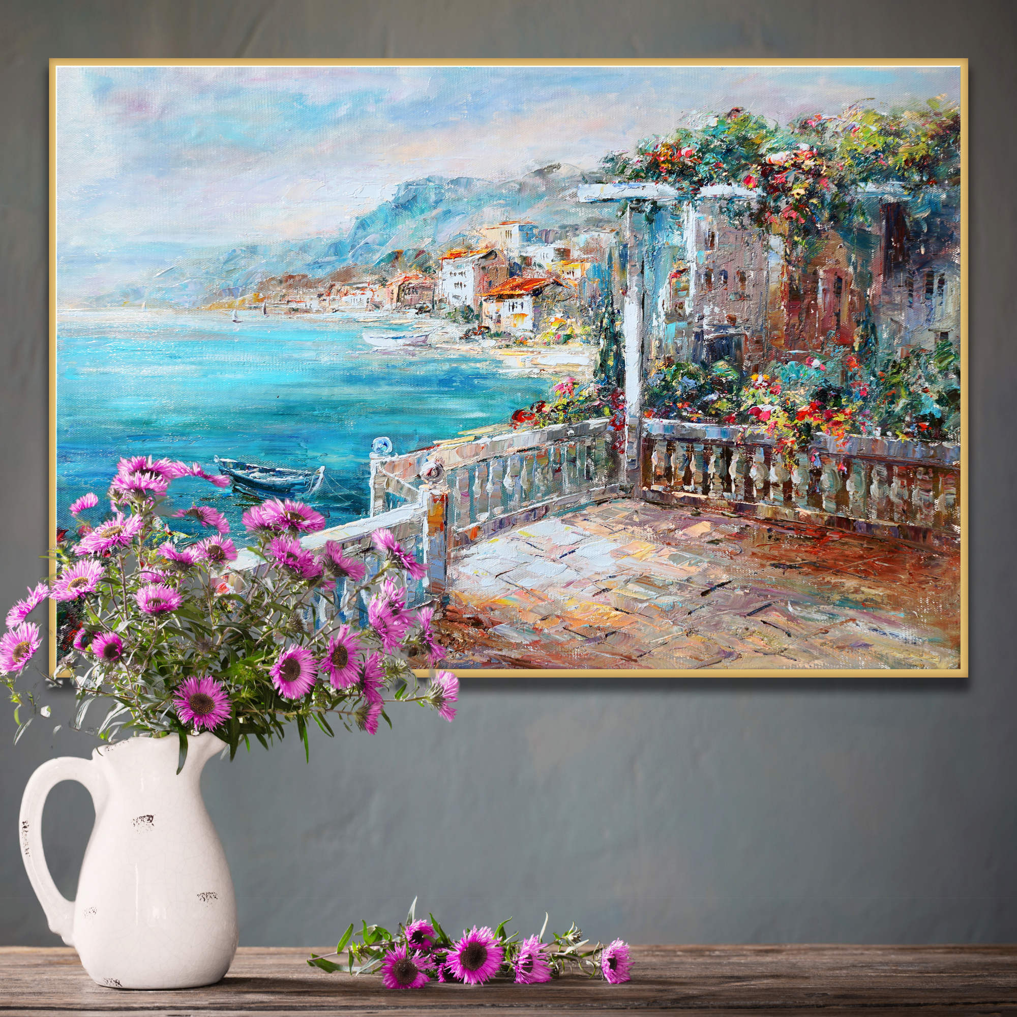 Hand painted Flowered terrace View of Lake Garda 60x90cm