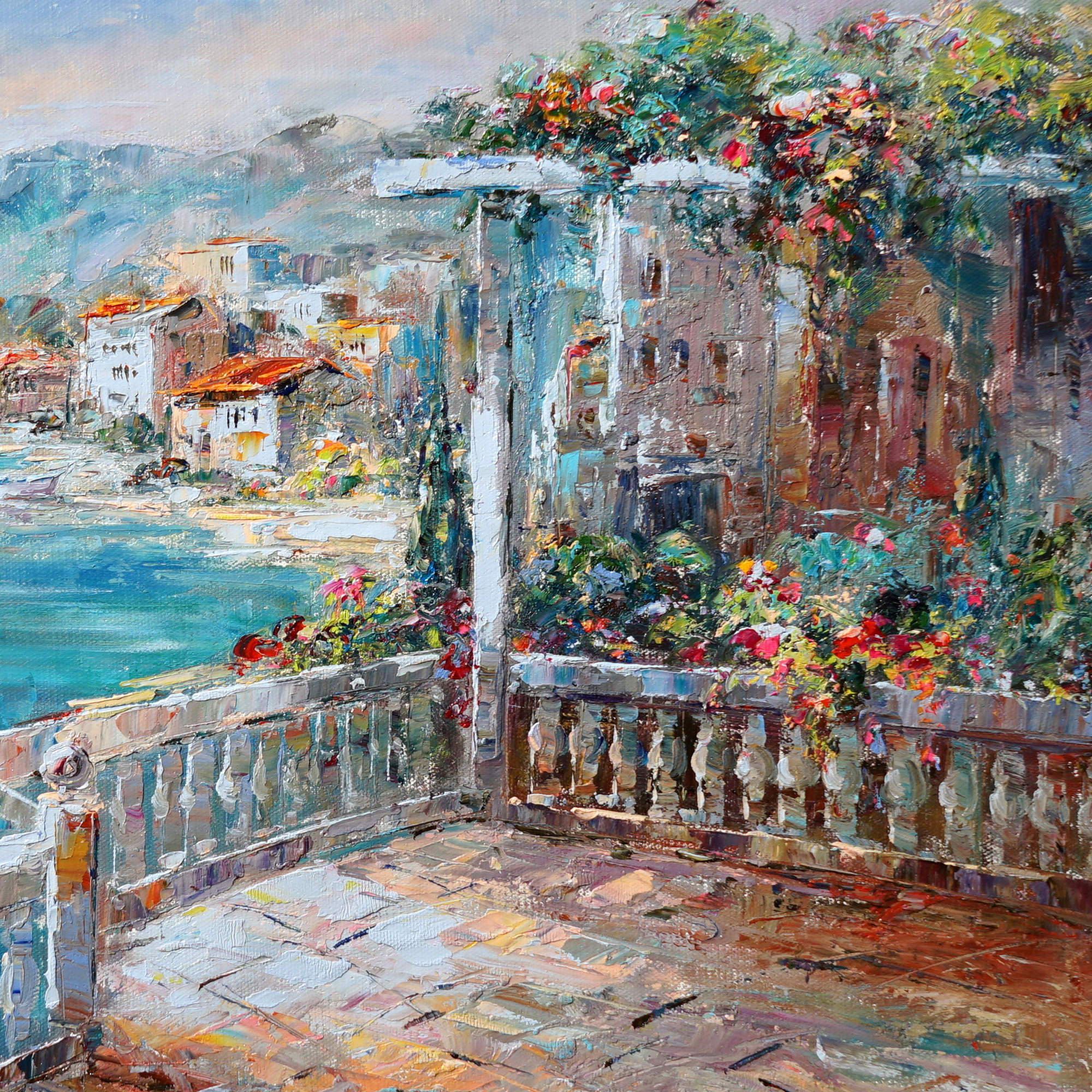 Dipinto a mano Terrazza fiorita Vista lago di Garda 60x90cm