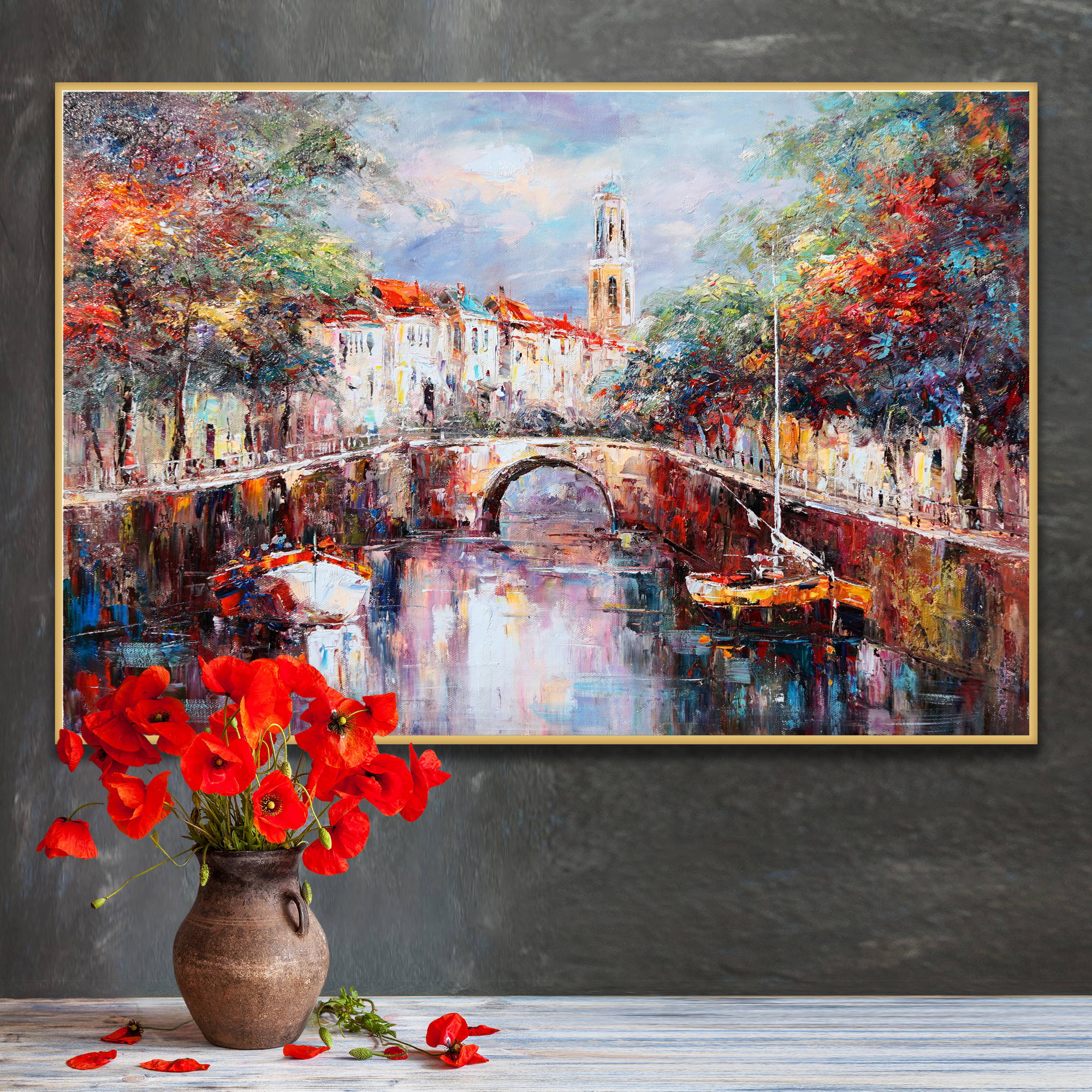 Dipinto di un tipico canale olandese con barche, alberi colorati e architettura storica