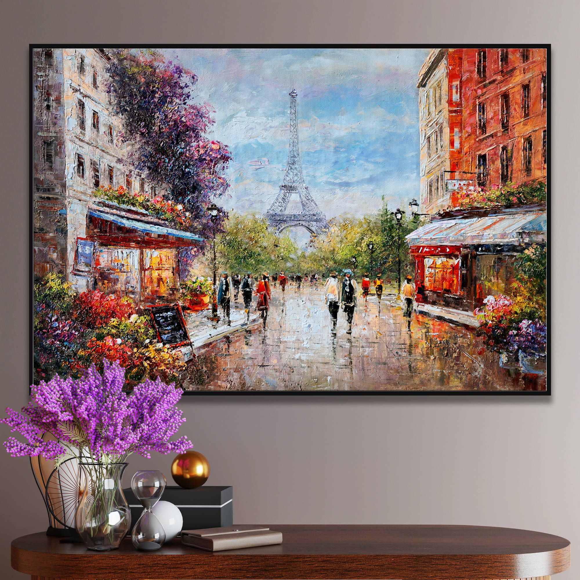 Dipinto impressionista della Torre Eiffel e viandanti a Parigi.