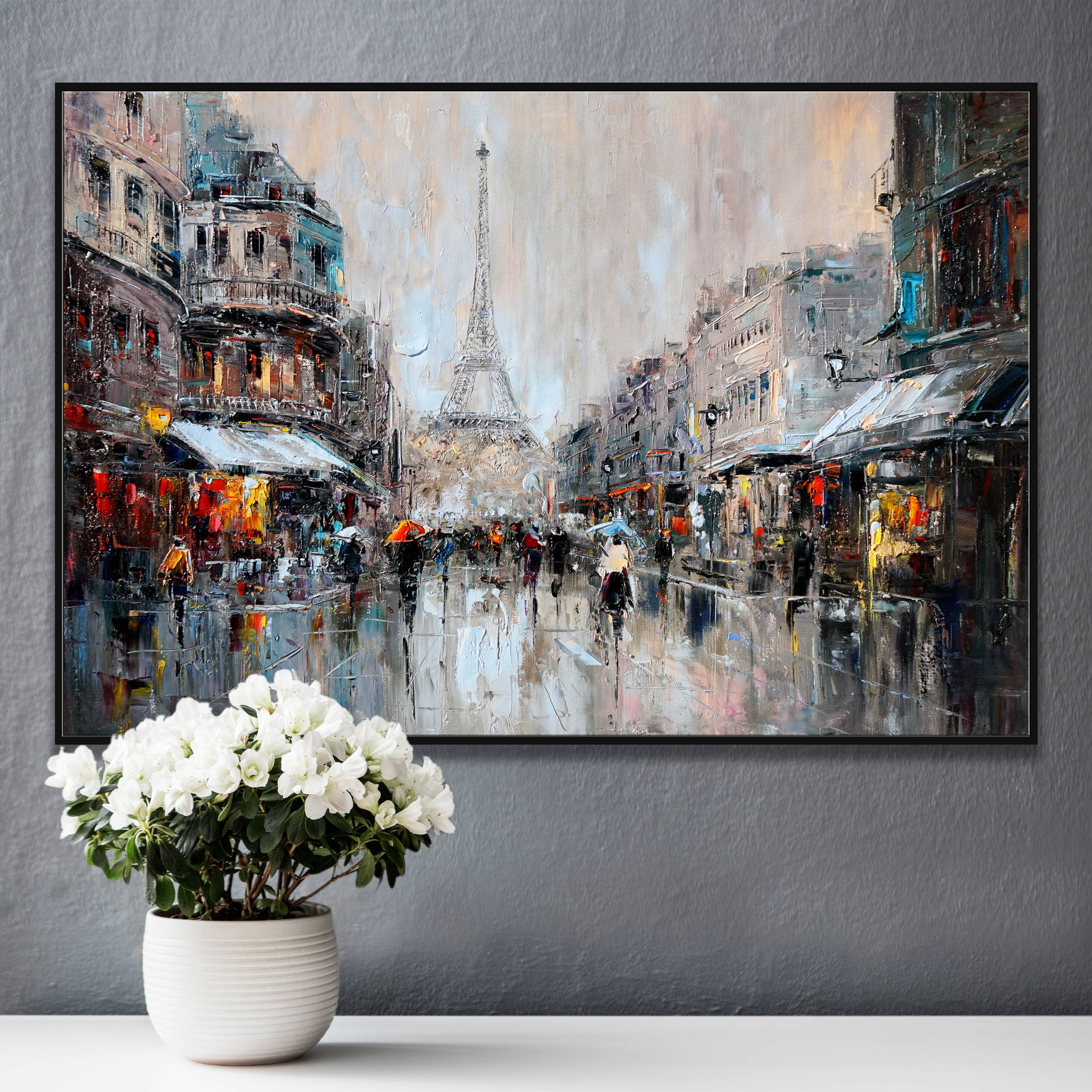 Dipinto di una strada di Parigi con pioggia e la Torre Eiffel sullo sfondo