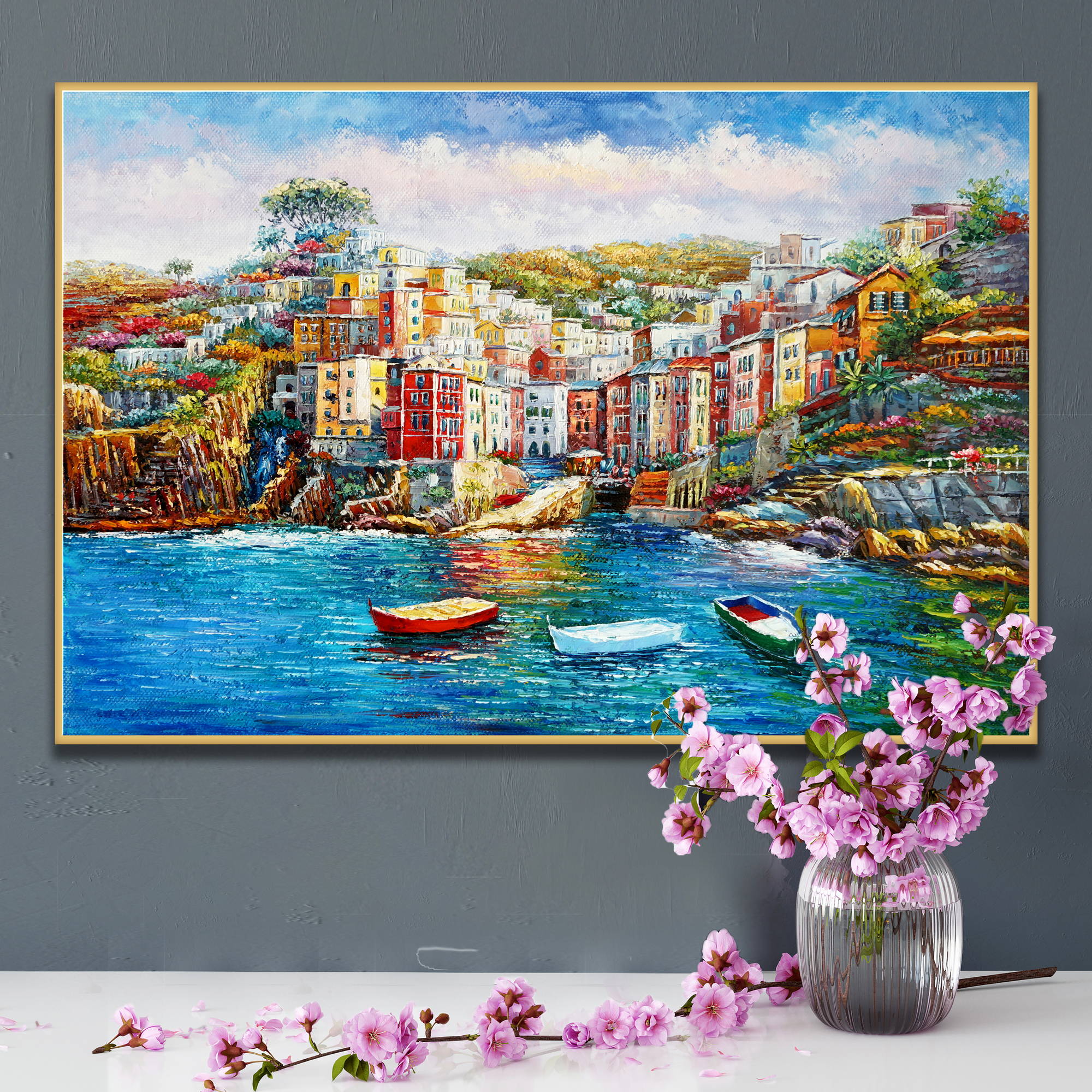 Dipinto del pittoresco e colorato borgo di Riomaggiore nelle Cinque Terre
