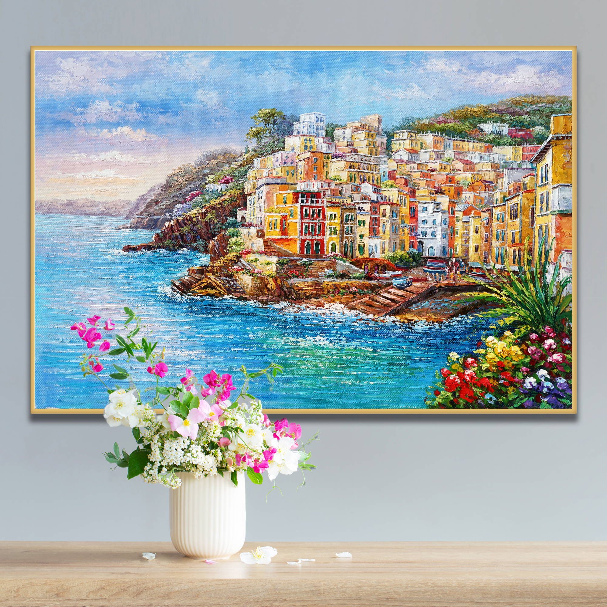 Dipinto con vista panoramica di Riomaggiore nelle Cinque Terre