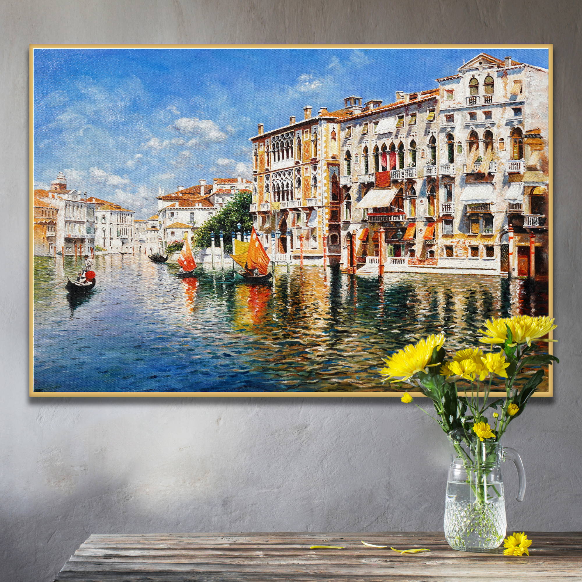 Dipinto canale veneziano con edifici storici e gondole