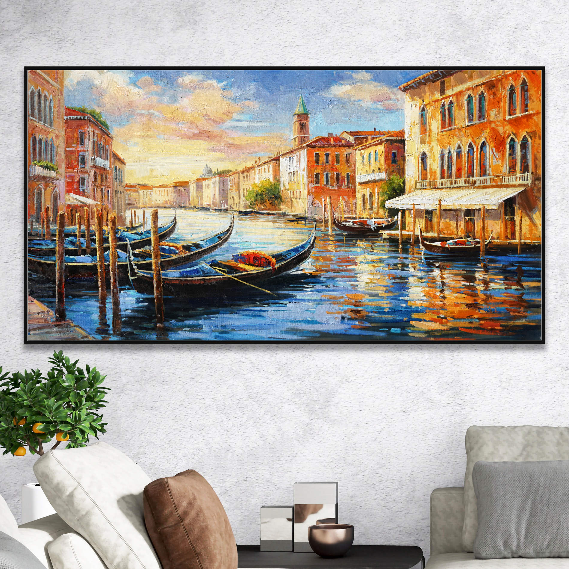 Hand painted Canal in Venice Gondolas 60x120cm