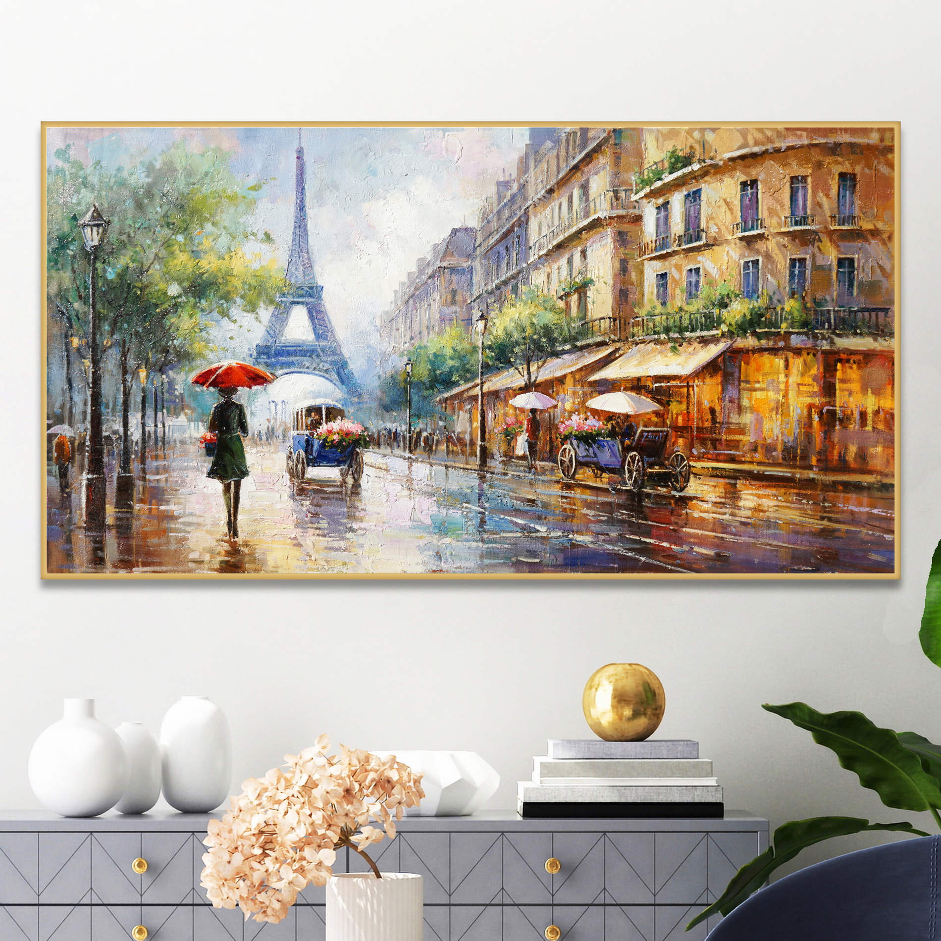 Dipinto a mano Parigi sotto la pioggia 60x120cm