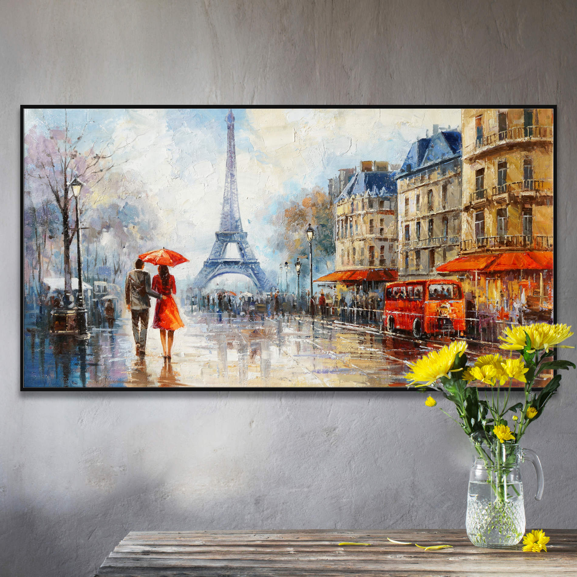 Dipinto a mano Giorno di Pioggia a Parigi 60x120cm