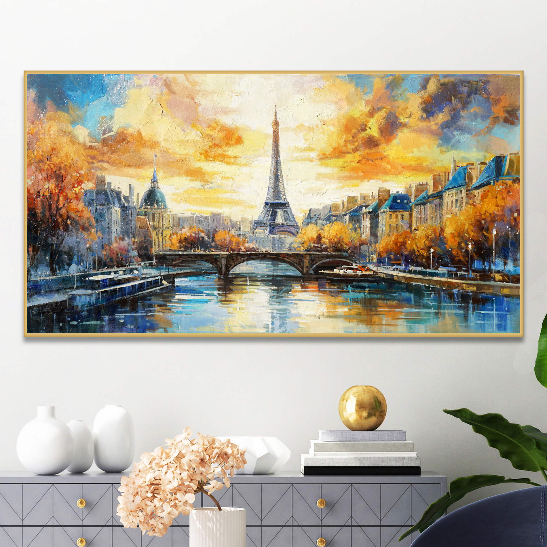 Hand painted Paris Eiffel Tower Bridge over the Seine 60x120cm