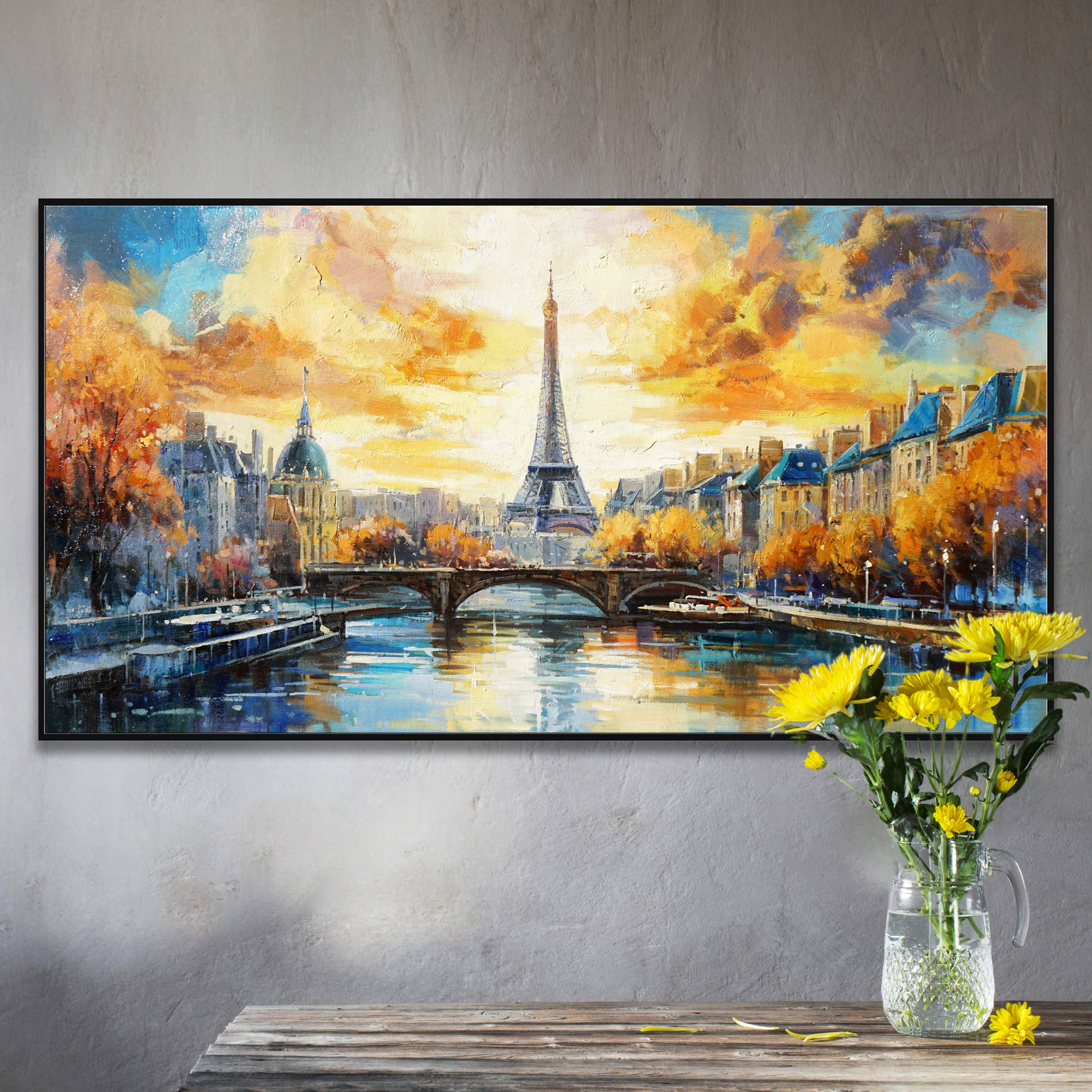 Pont de la Tour Eiffel de Paris peint à la main sur la Seine 60x120cm