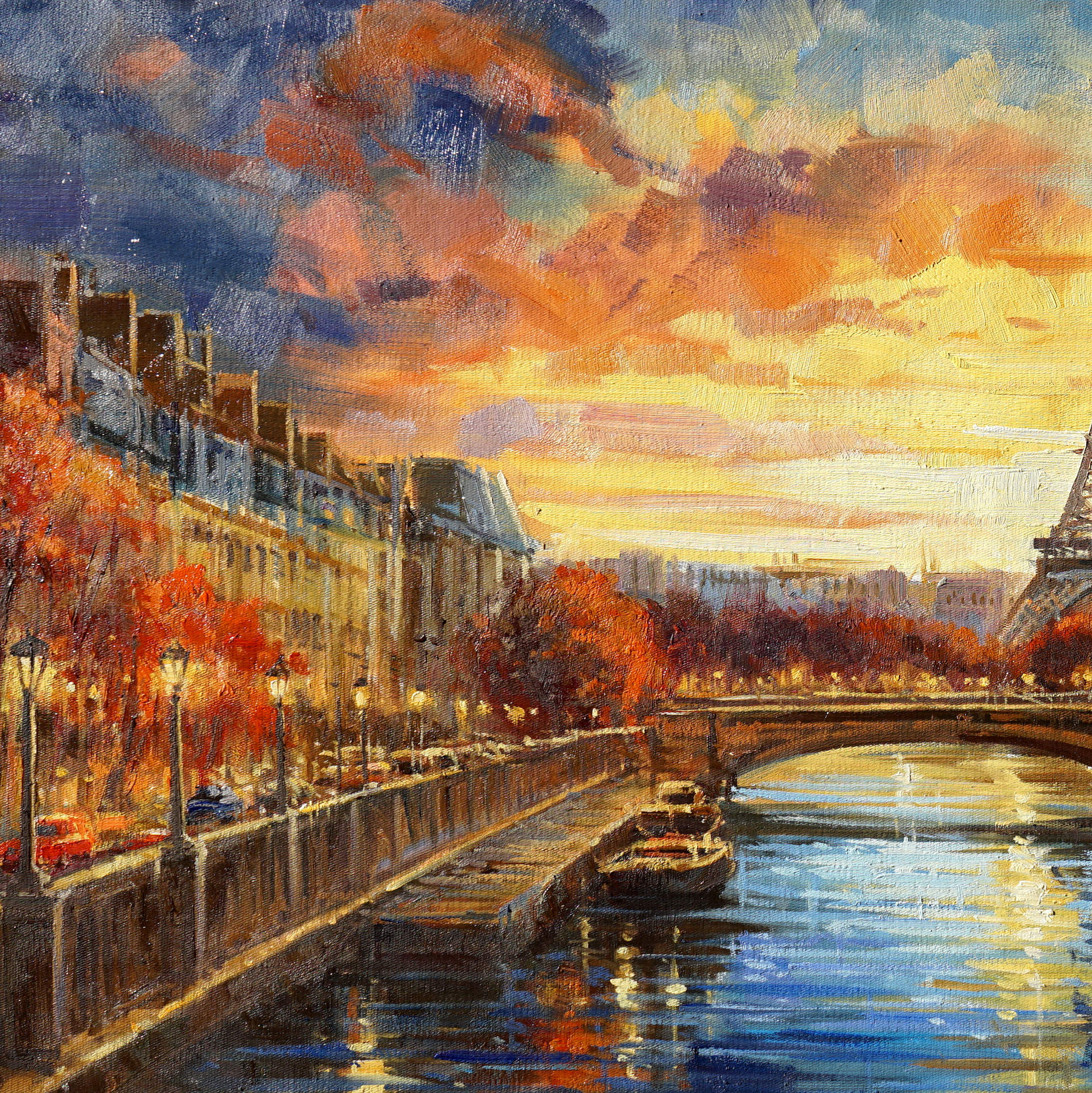 Dipinto a mano Parigi Autunno Senna Torre Eiffel 60x120cm