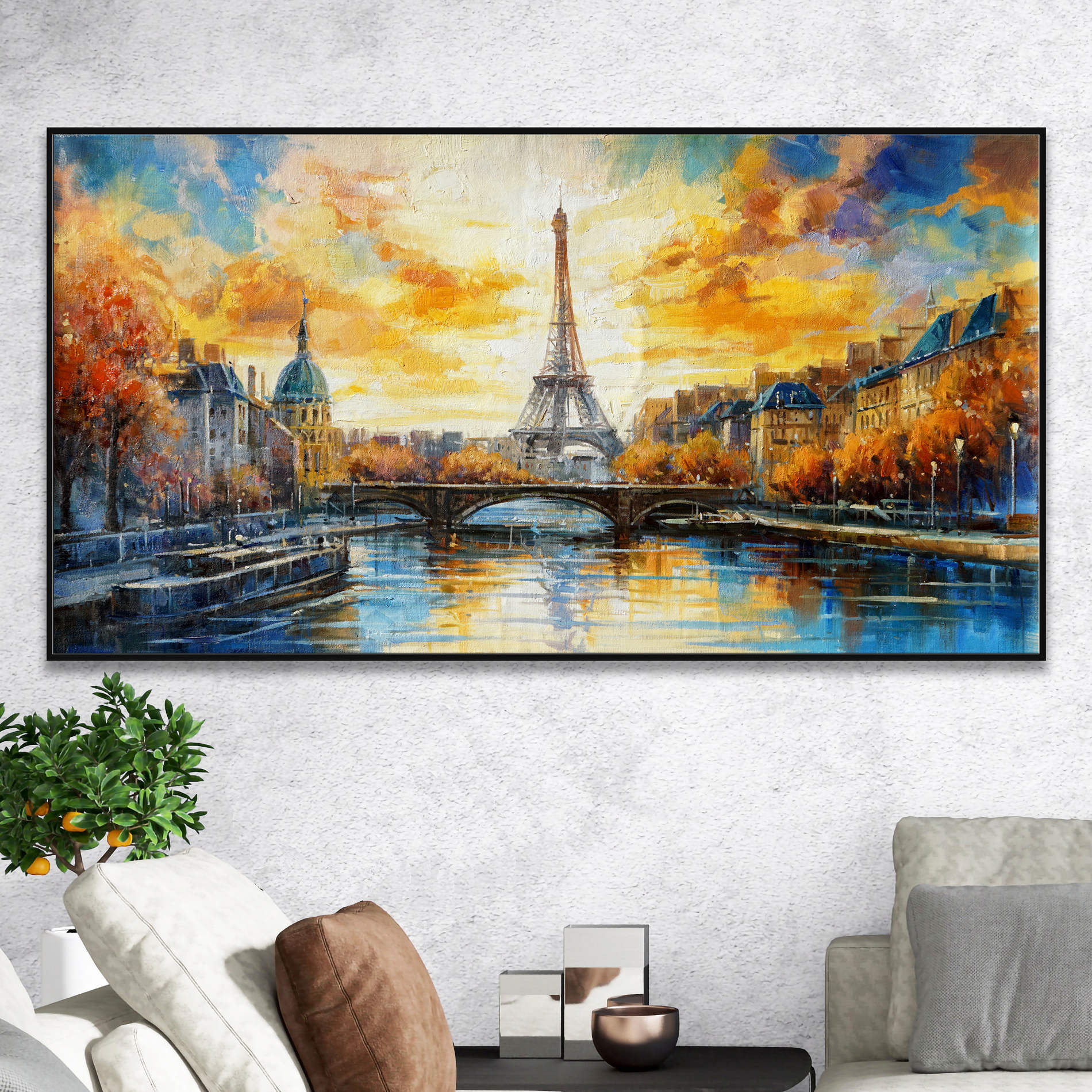 Dipinto romantico di Parigi con tramonto sulla Torre Eiffel e la Senna