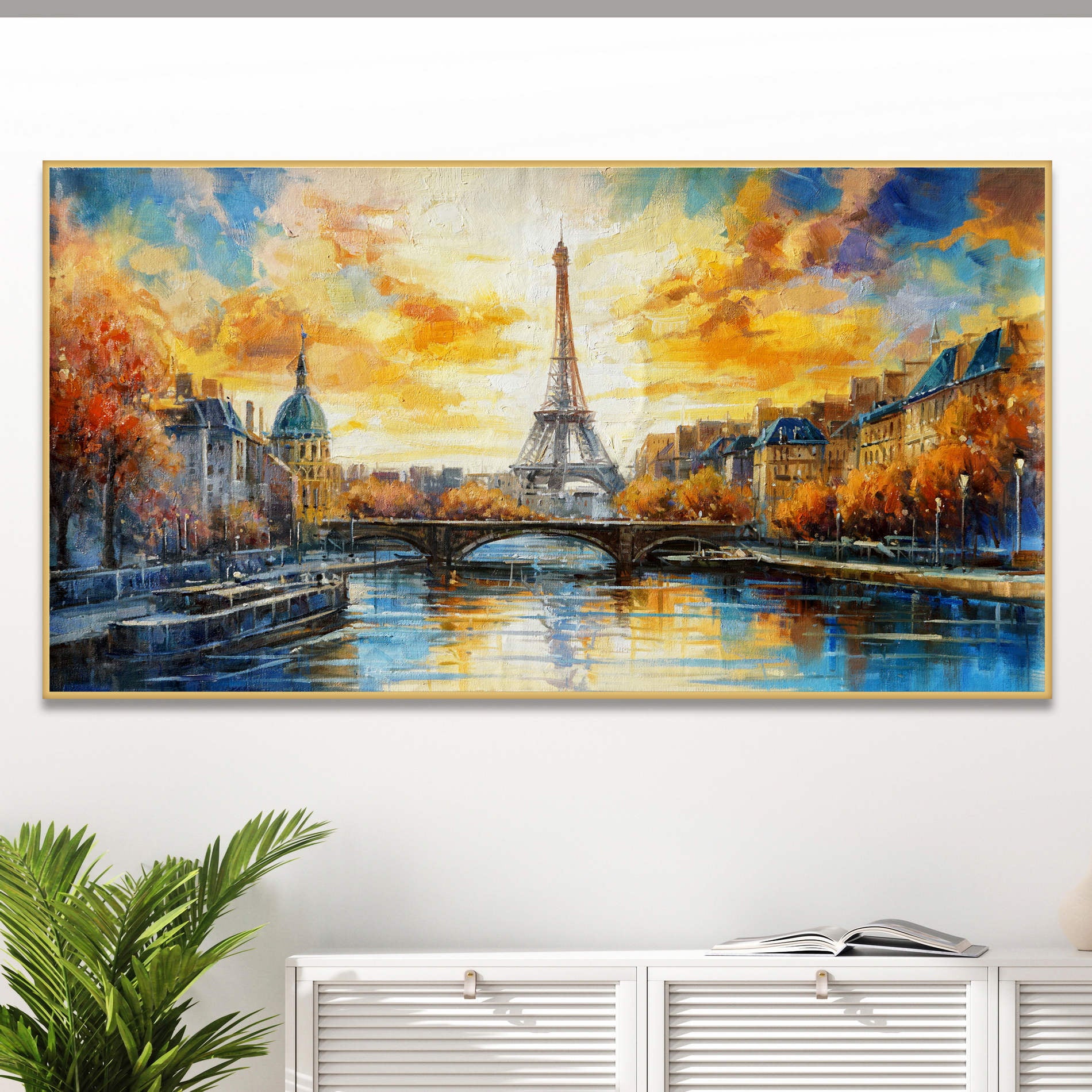 Coucher de soleil sur la Seine à Paris peint à la main 60x120cm