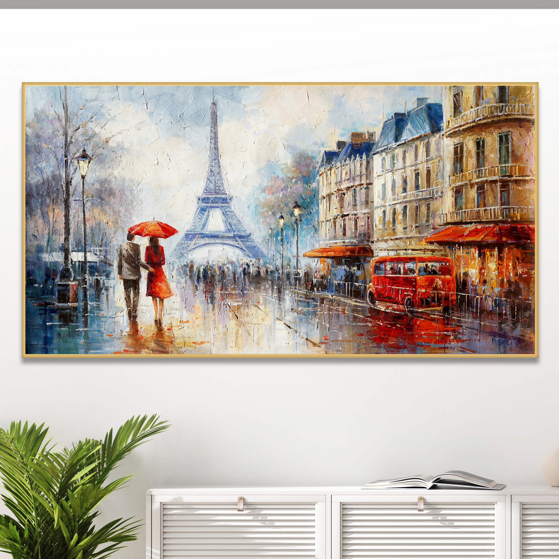 Dipinto di Parigi con coppia a passeggio sotto un ombrello rosso, Torre Eiffel sullo sfondo