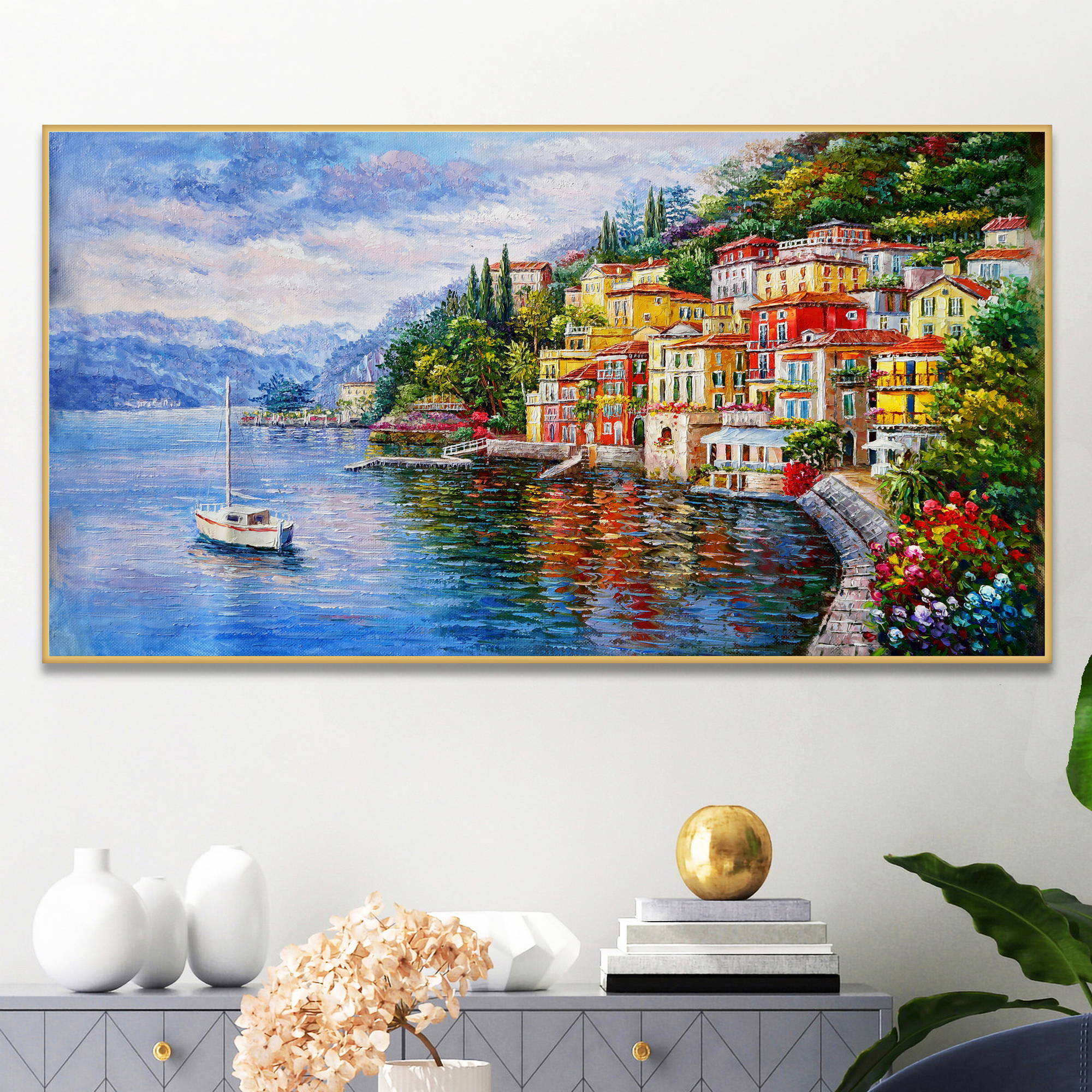Dipinto di un paesaggio con barca a vela a Varenna sul Lago di Como