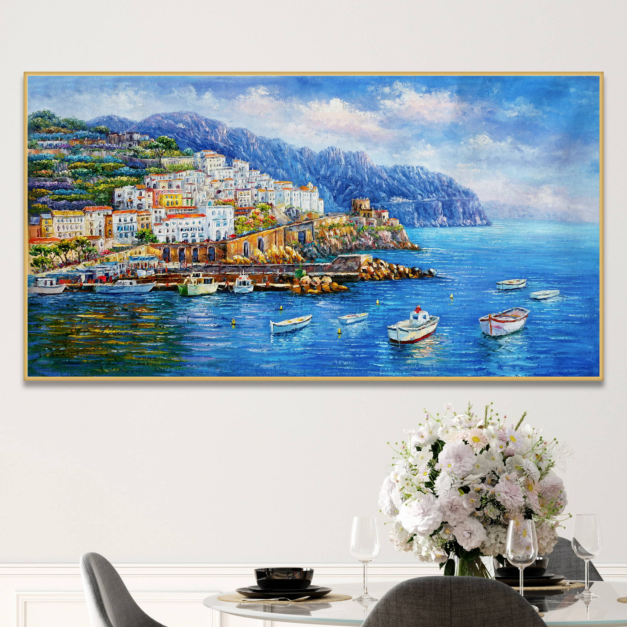 Dipinto del pittoresco borgo di Amalfi con le sue case arroccate