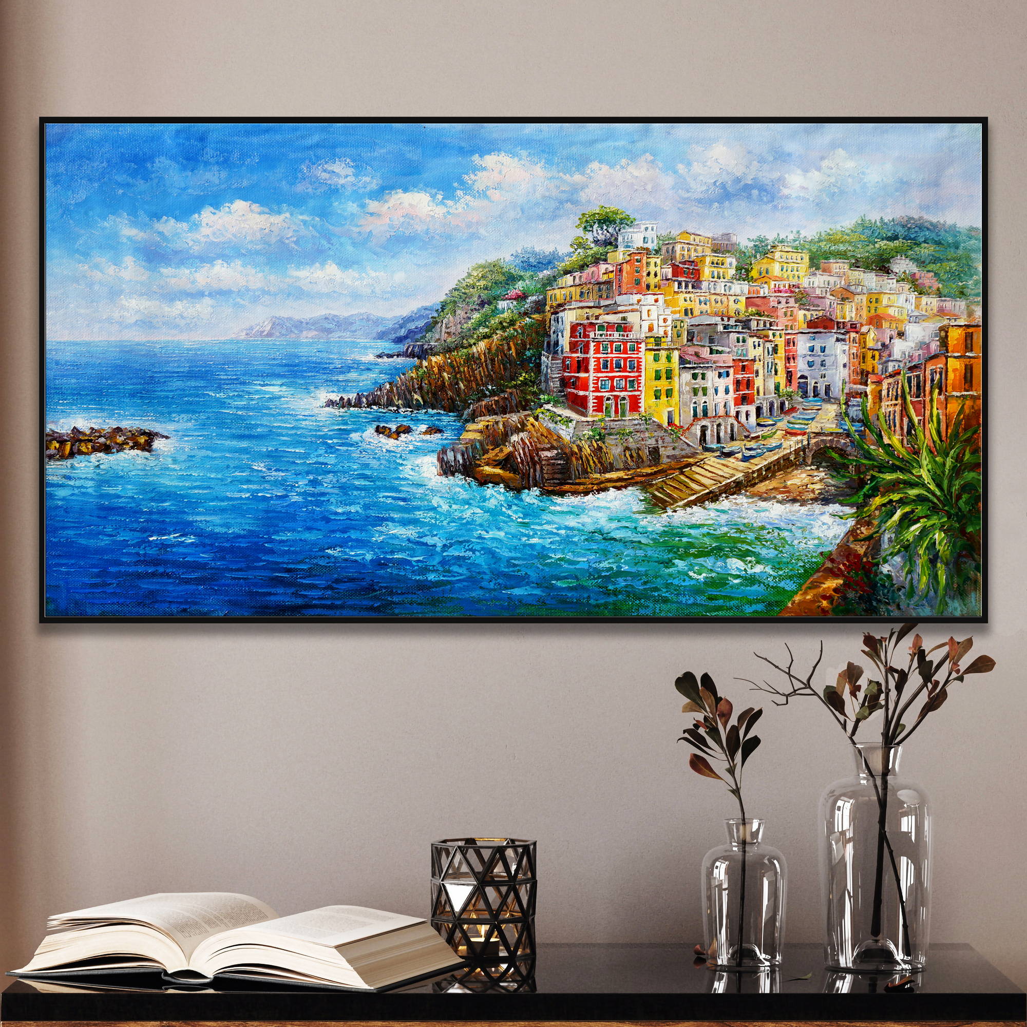 Dipinto di Riomaggiore nelle Cinque Terre con mare e abitazioni colorate
