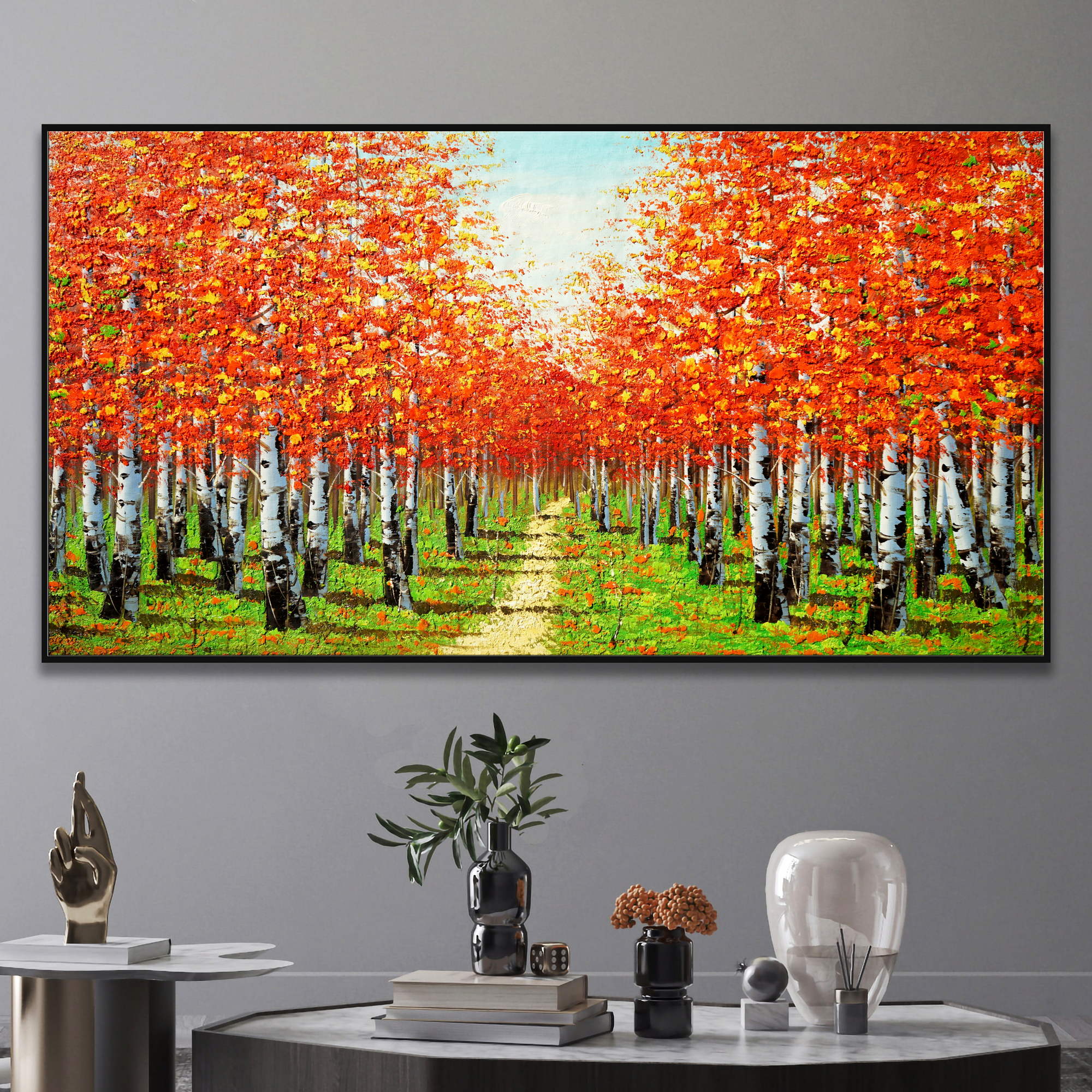 Quadro di un bosco in autunno con alberi dai colori rossi e sentiero