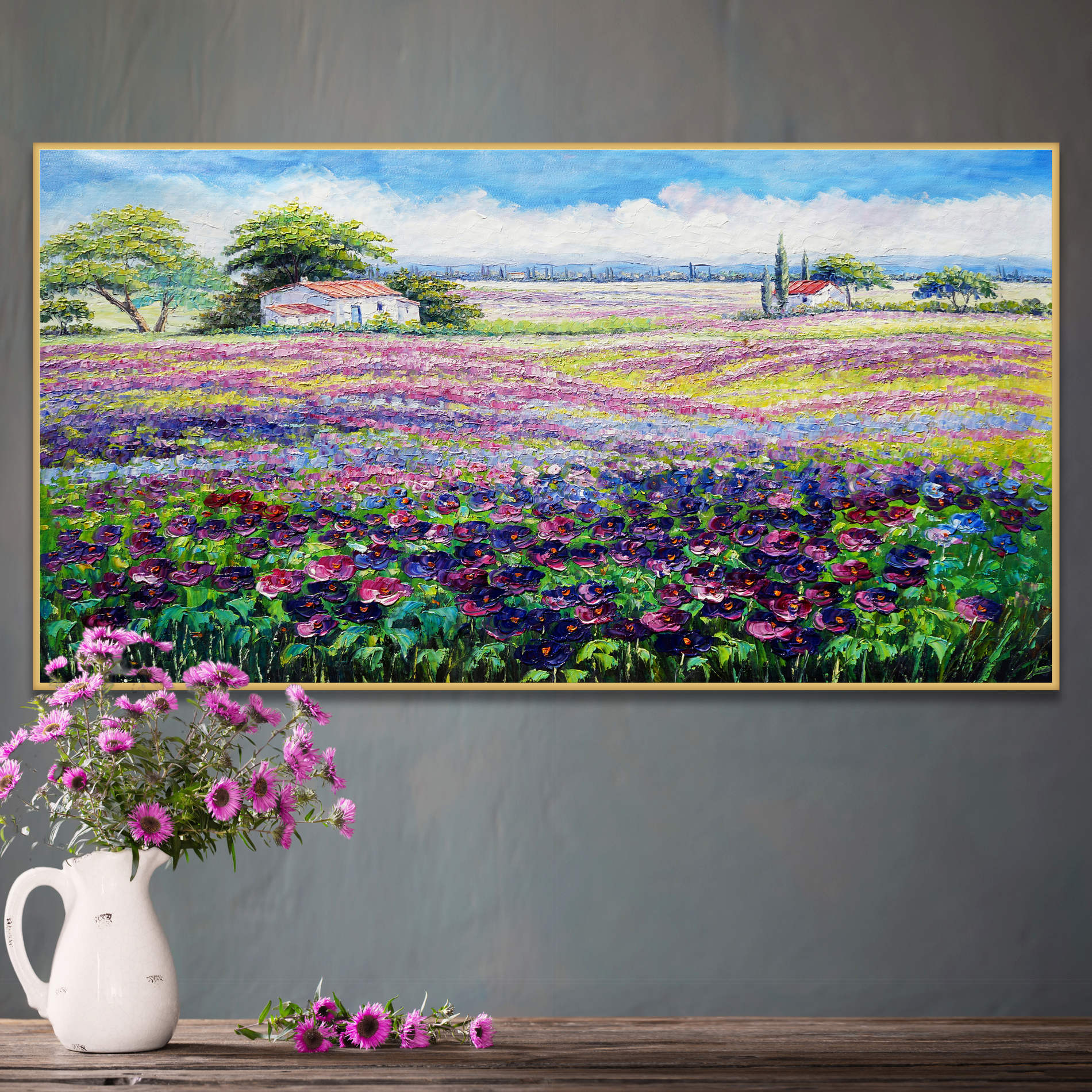 Paysage champêtre Champs fleuris peint à la main 60x120cm