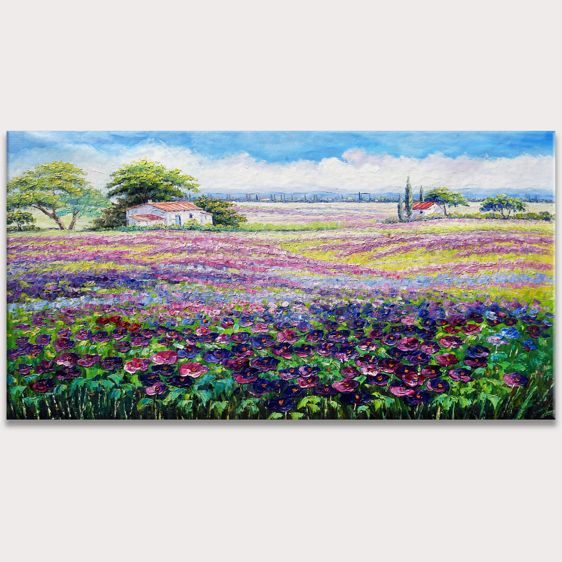 Paysage champêtre Champs fleuris peint à la main 60x120cm