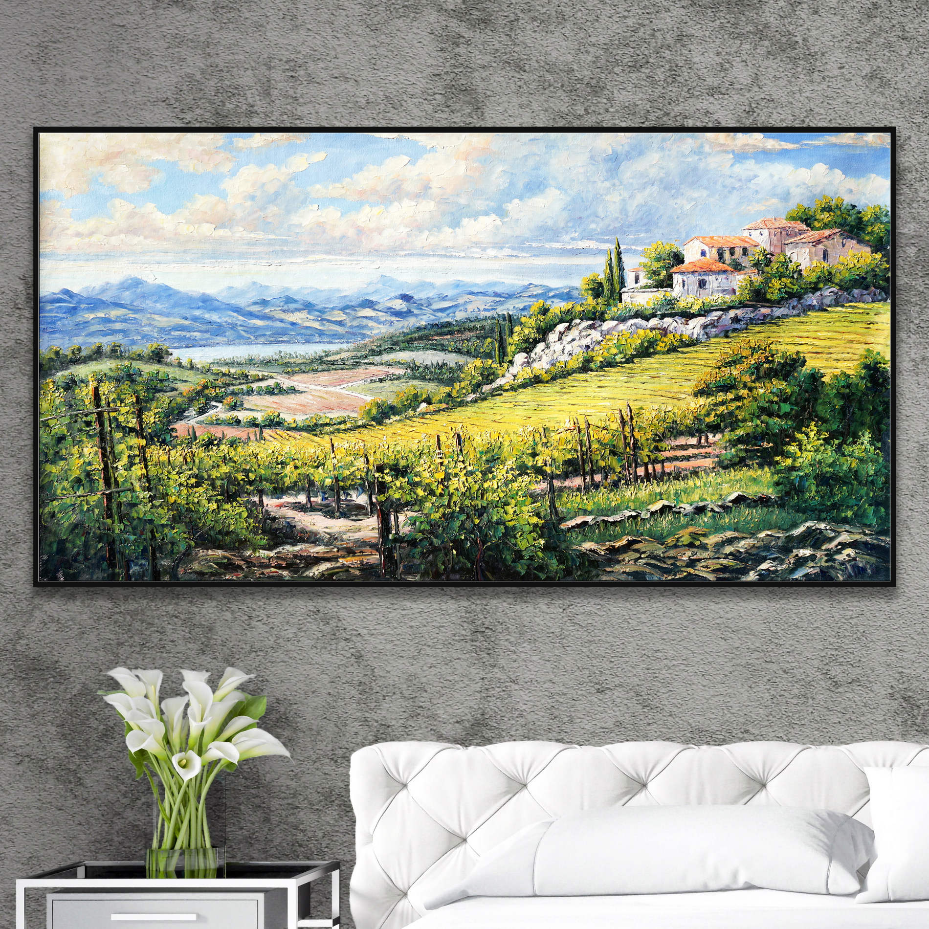 Dipinto colline toscane con vigne e case di campagna