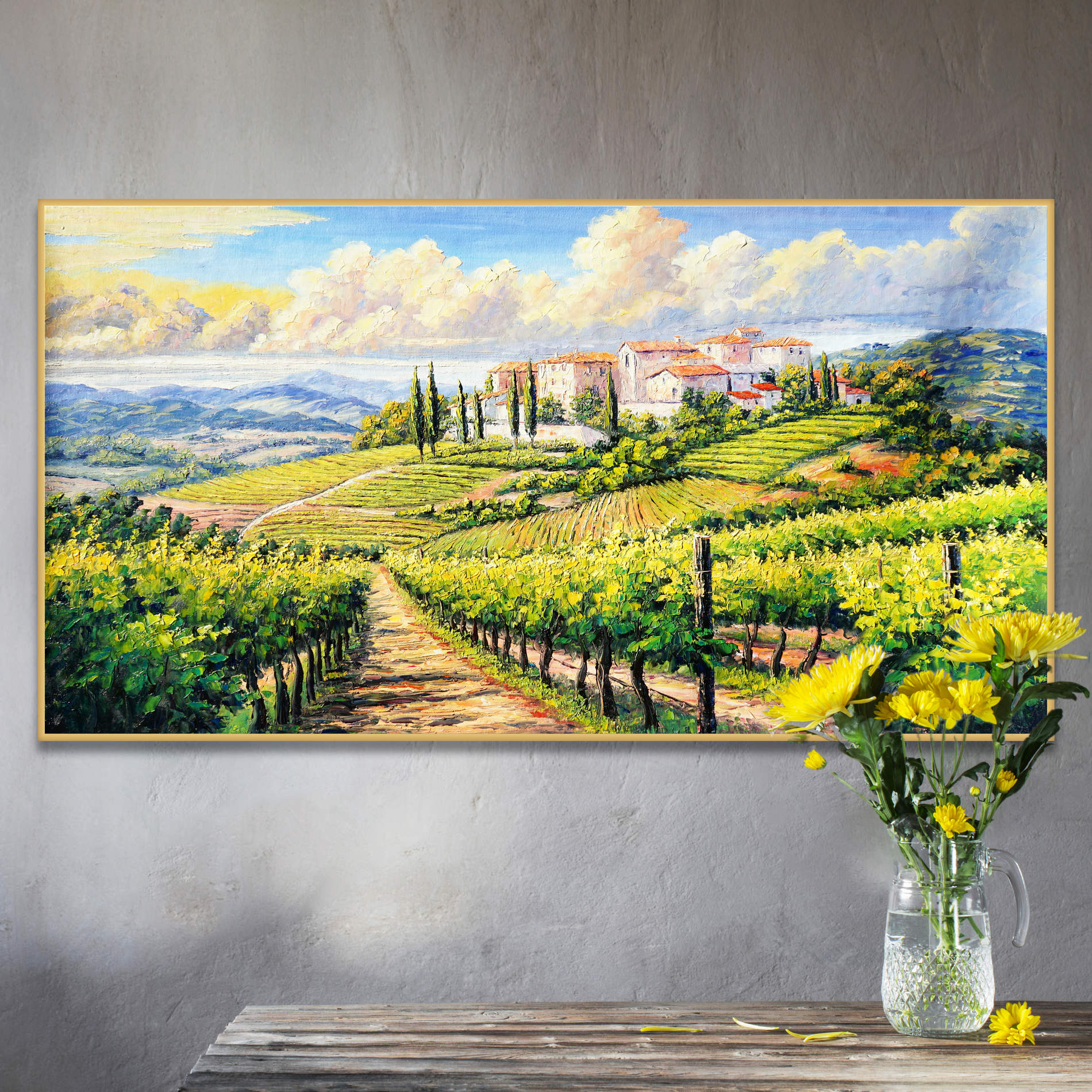 Hand painted Vineyards and medieval village 60x120cm