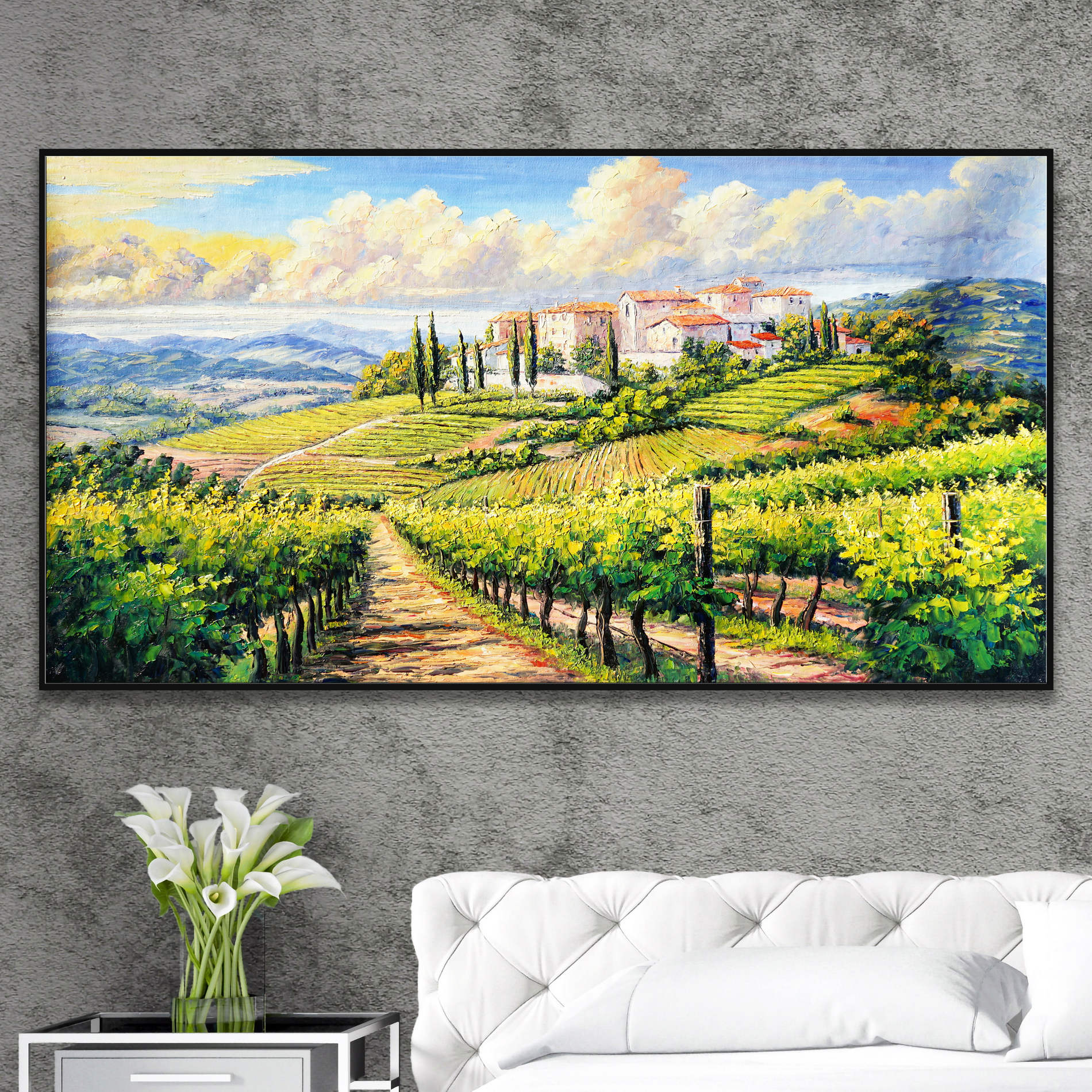 Hand painted Vineyards and medieval village 60x120cm