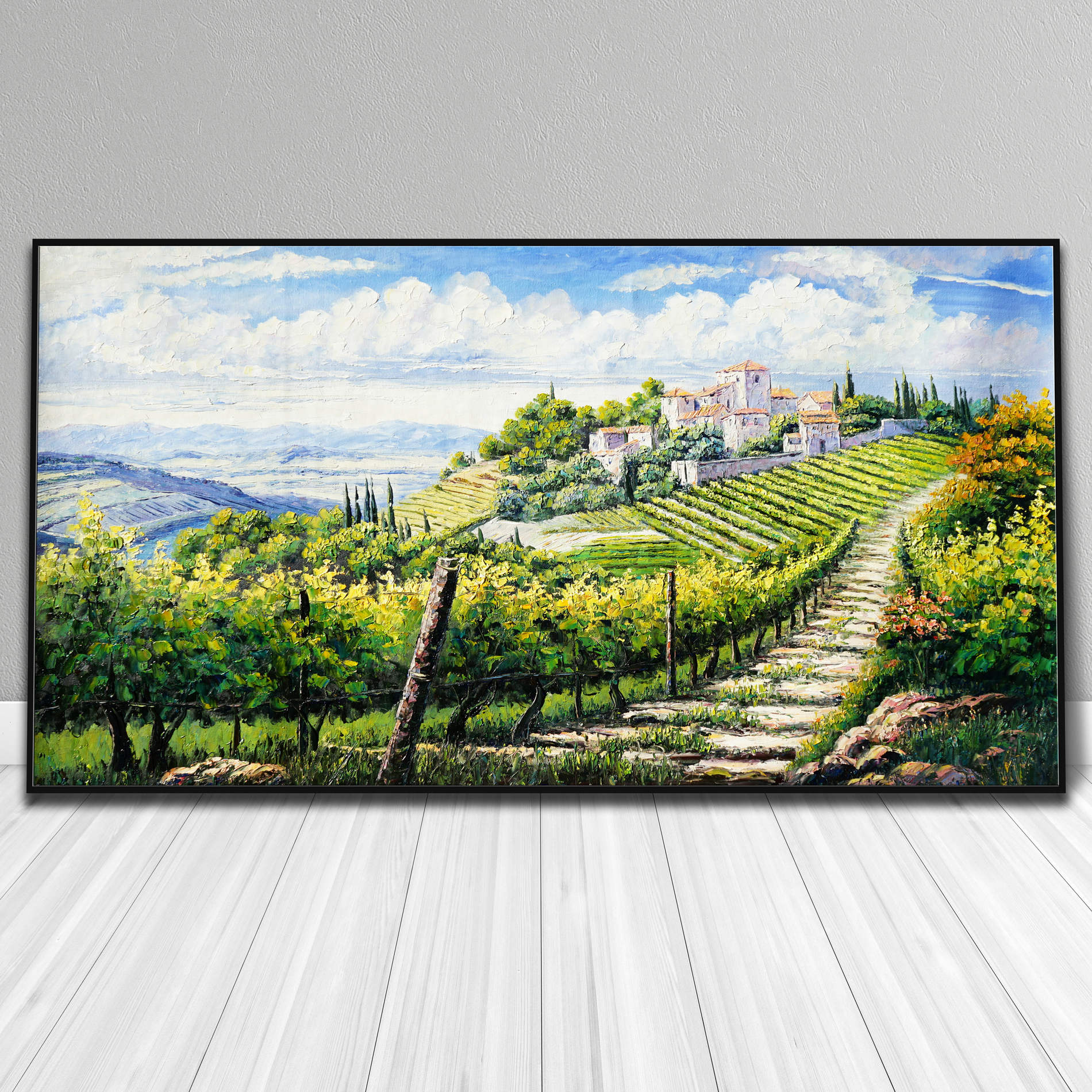 Dipinto di vigneti sulle colline toscane con borgo medievale sullo sfondo