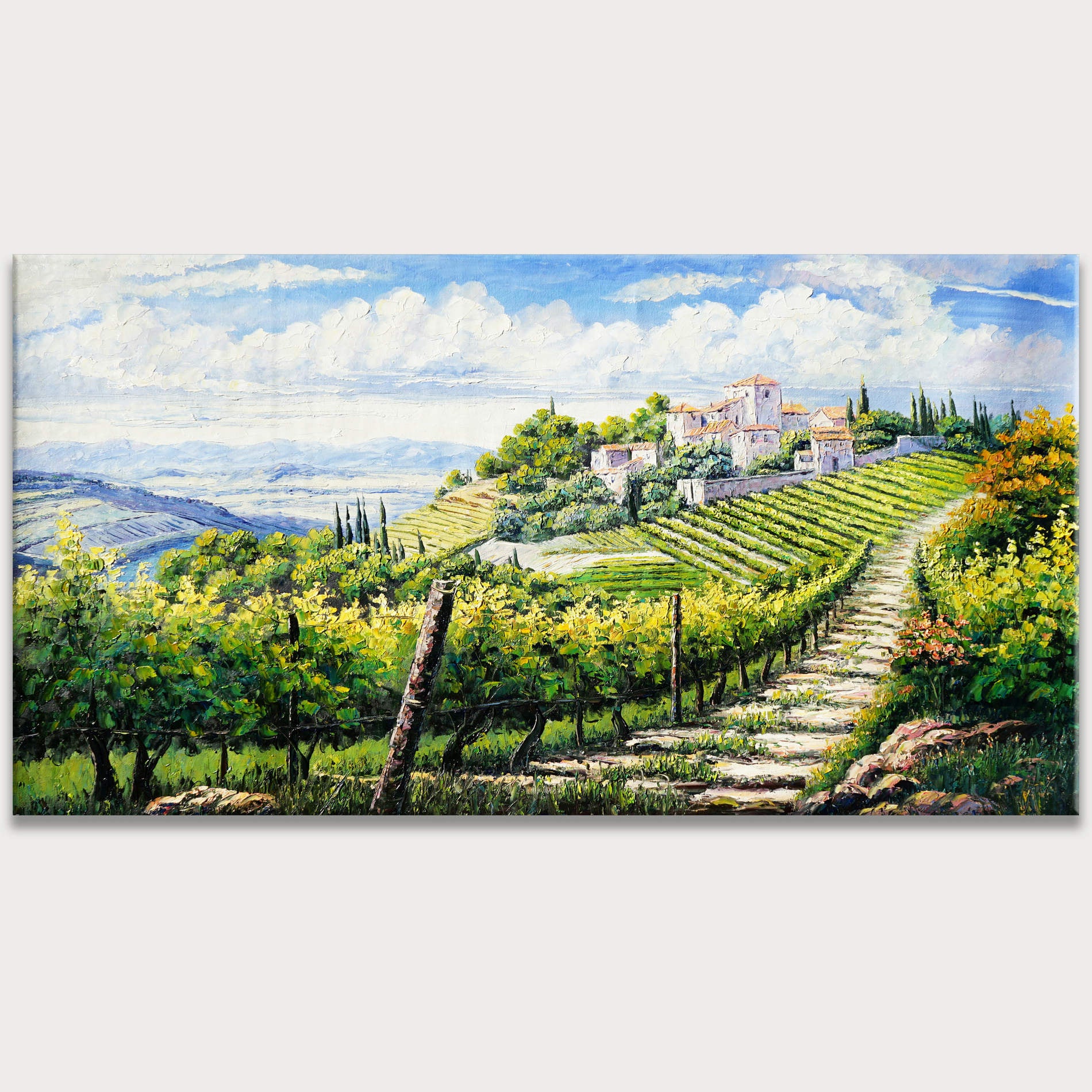 Dipinto a mano Colline toscane Vigneti Borgo medievale 60x120cm