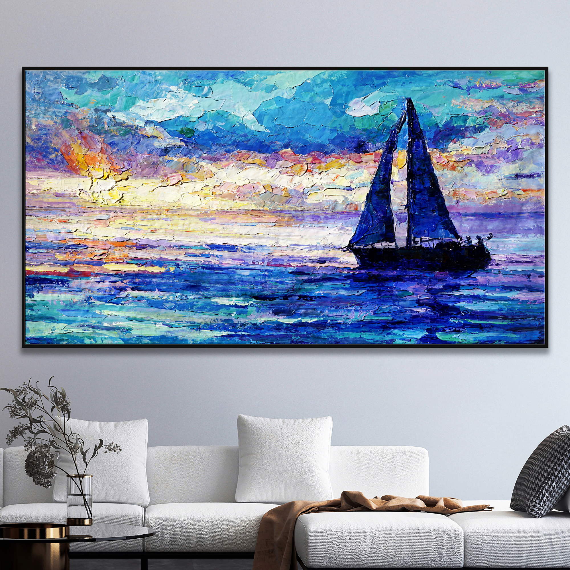 Dipinto di una barca a vela su mare al tramonto con cielo colorato