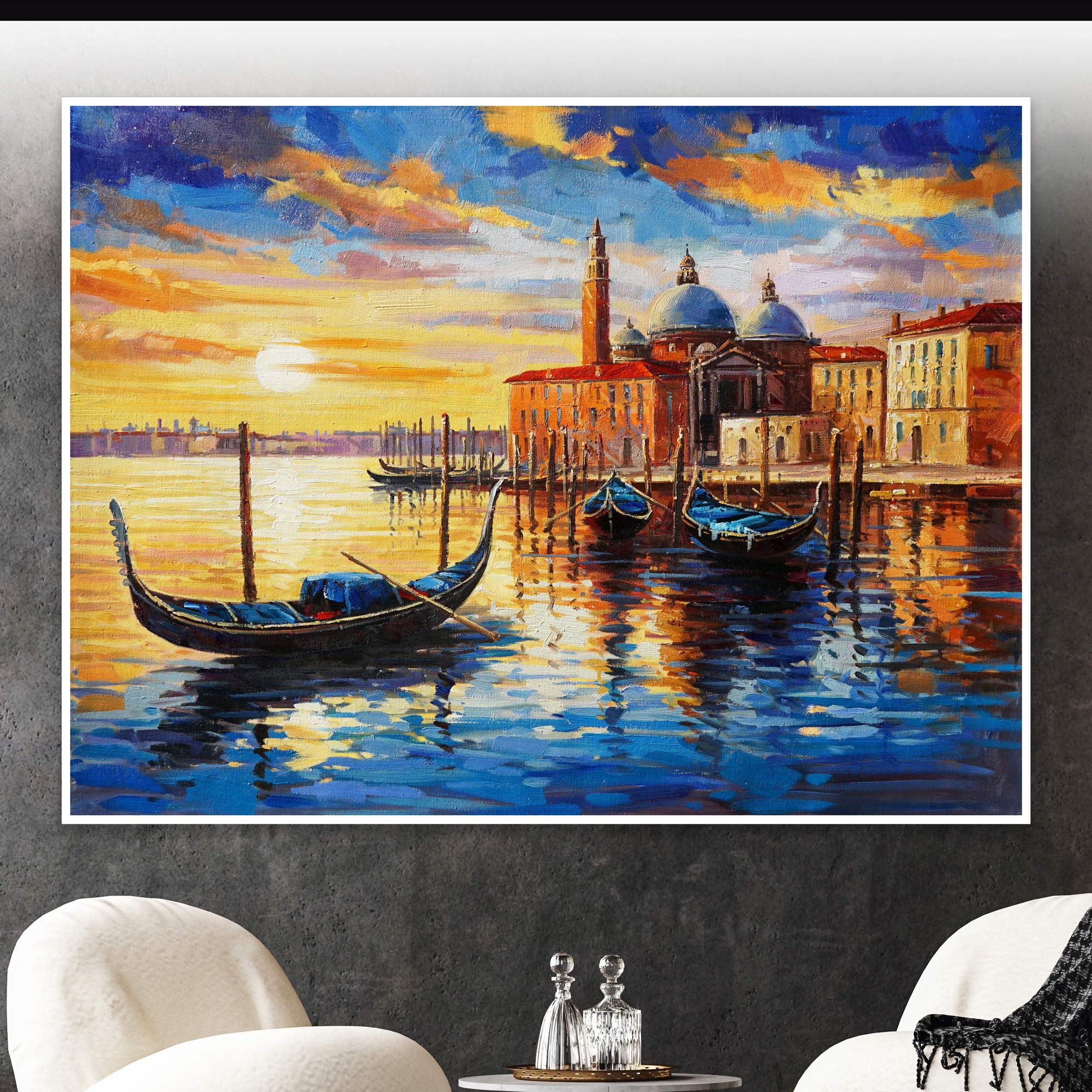Venise peinte à la main au coucher du soleil Gondoles du canal 75x100cm