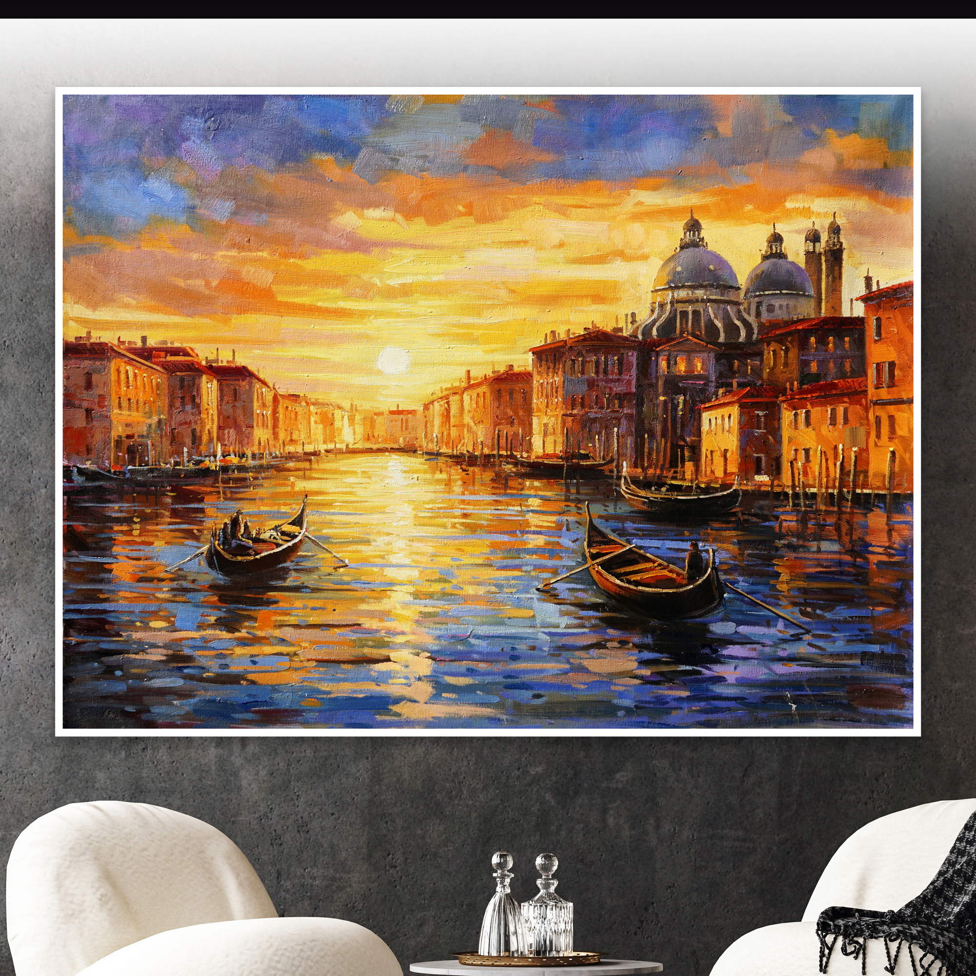 Dipinto a mano Venezia al tramonto Canale Gondole 75x100cm