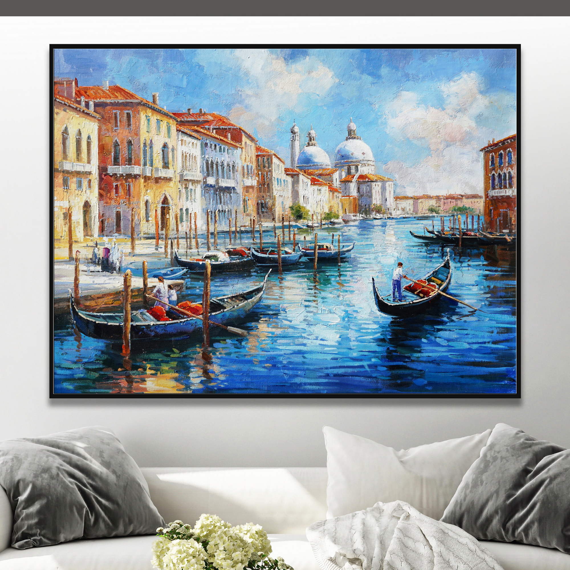 Dipinto a mano Veduta di Venezia Canale Gondole 75x100cm