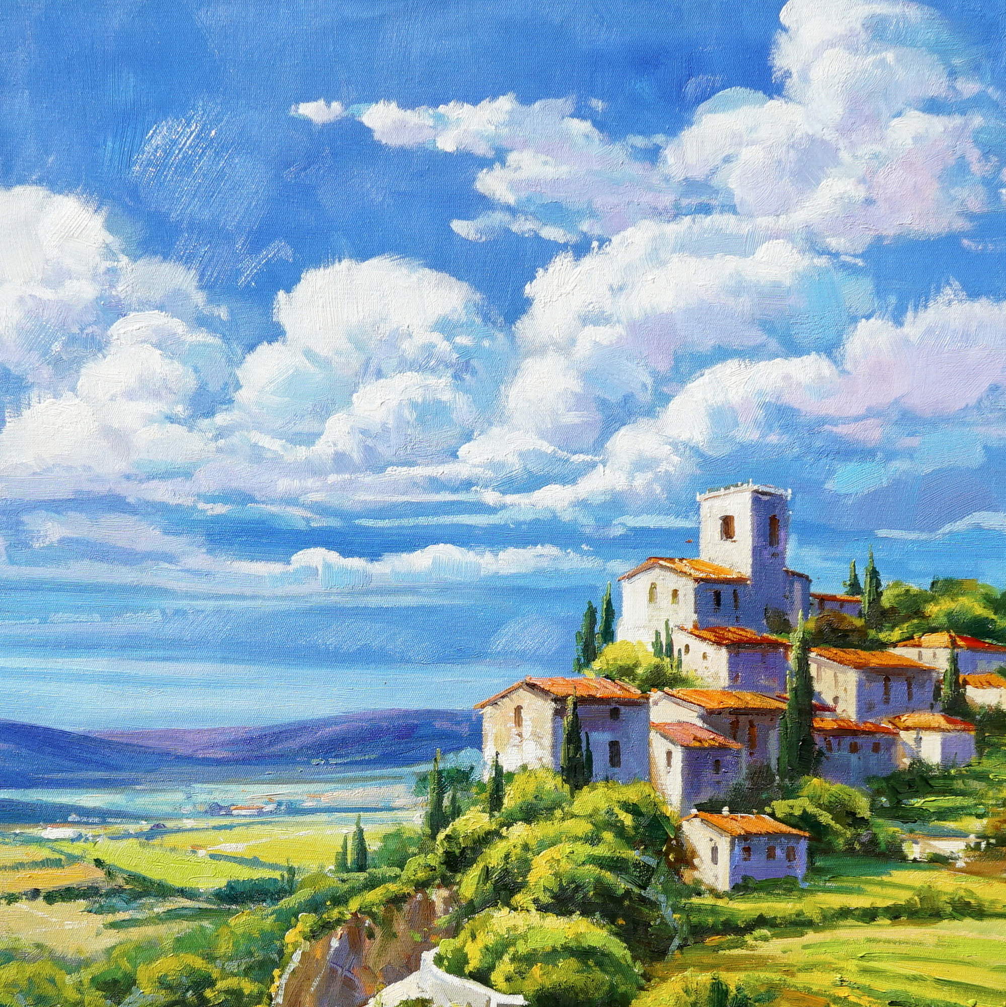Painting Medieval Village Tuscan Hills 75x100cm