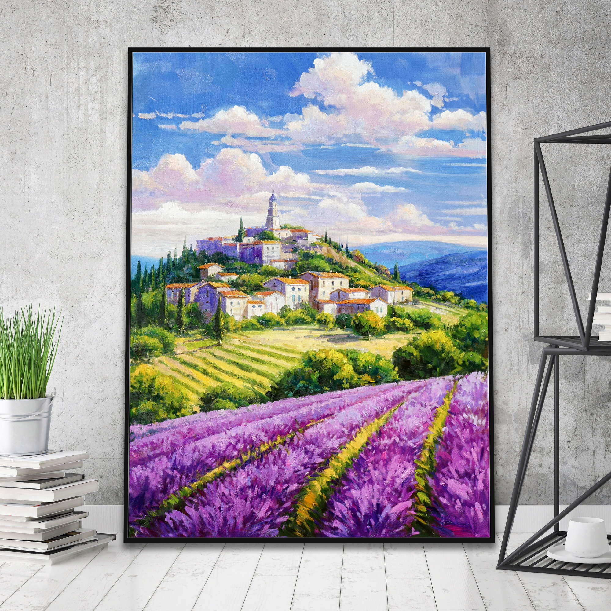 Hand painted Landscape with lavender fields 75x100cm