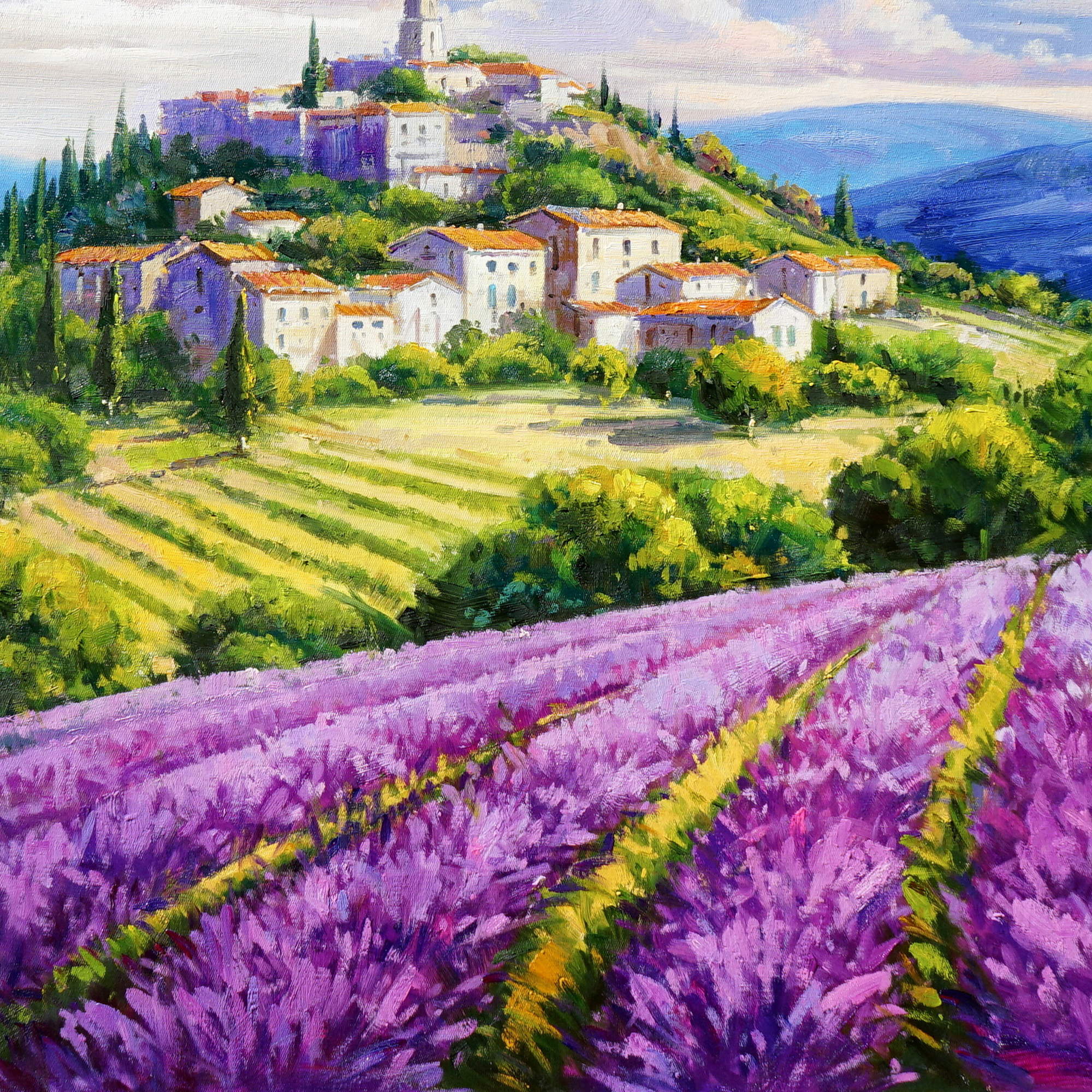 Hand painted Landscape with lavender fields 75x100cm