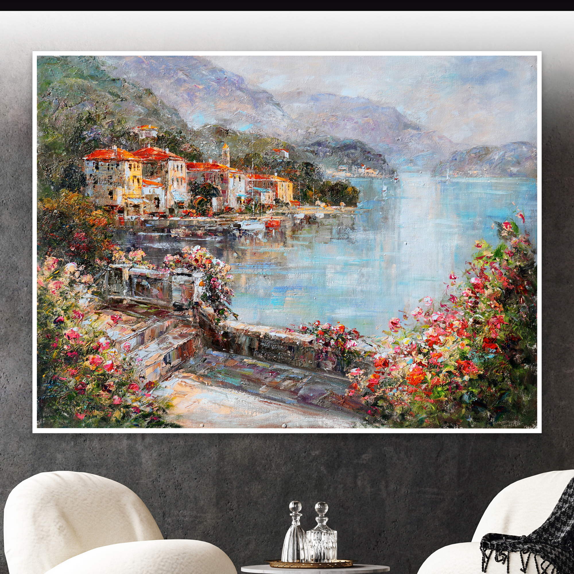 Hand painted View of Lake Como 75x100cm