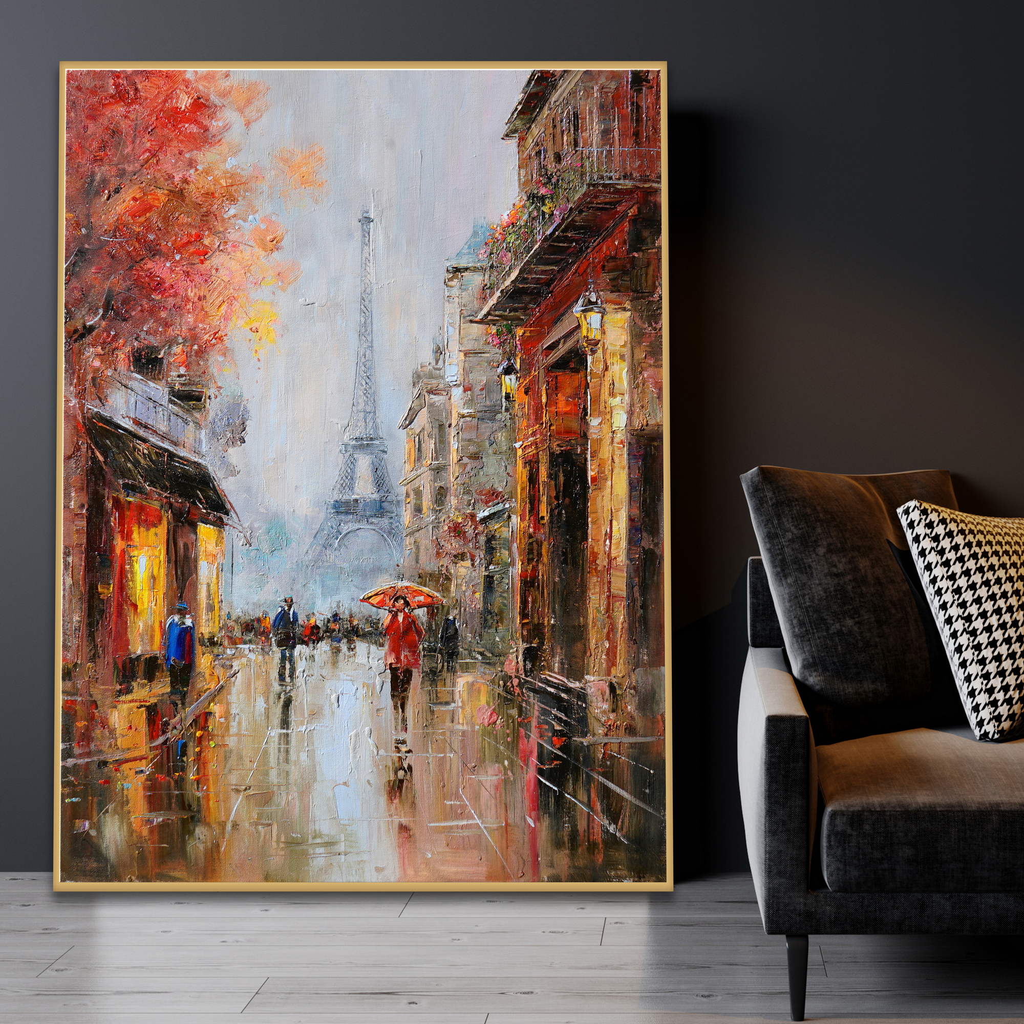 Jour de pluie à Paris peint à la main 75x100cm
