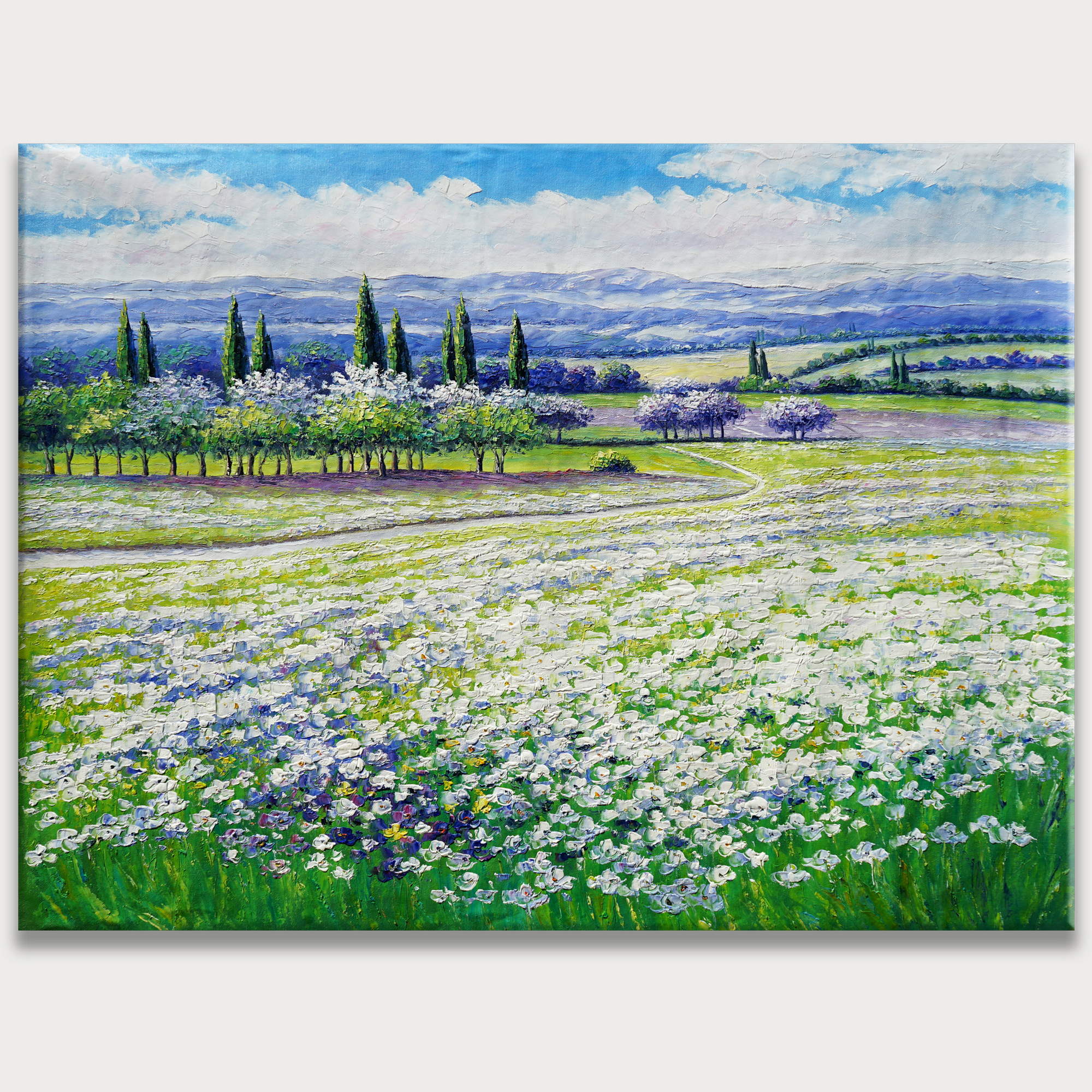 Hand painted Tuscan hills with daisies in bloom 75x100cm