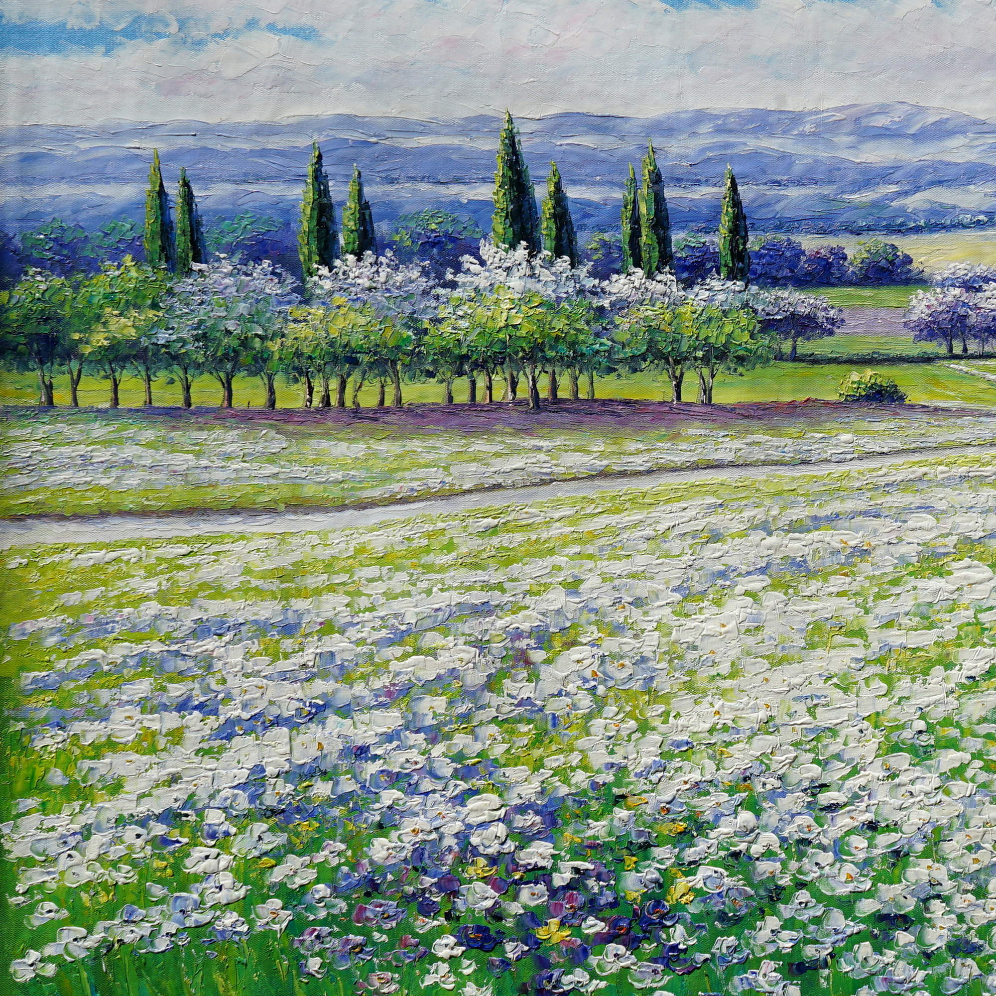 Hand painted Tuscan hills with daisies in bloom 75x100cm