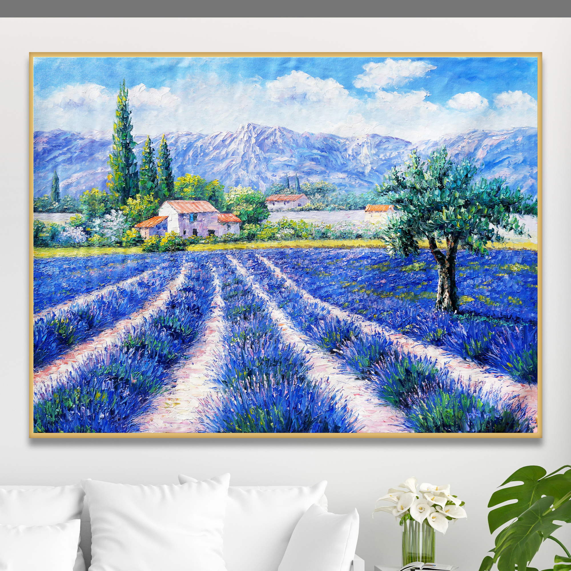 Dipinto di un paesaggio provenzale con campi di lavanda e montagne