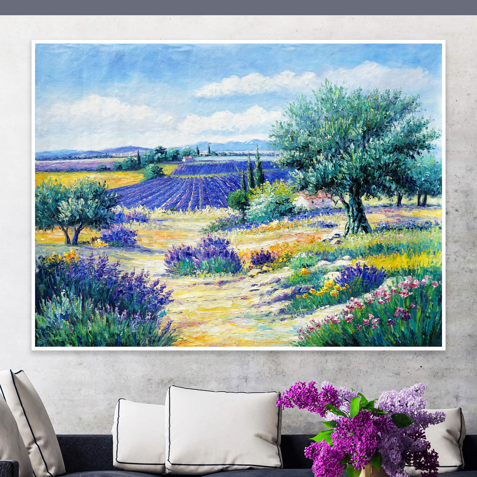 Dipinto di paesaggio provenzale con campi di lavanda e ulivi