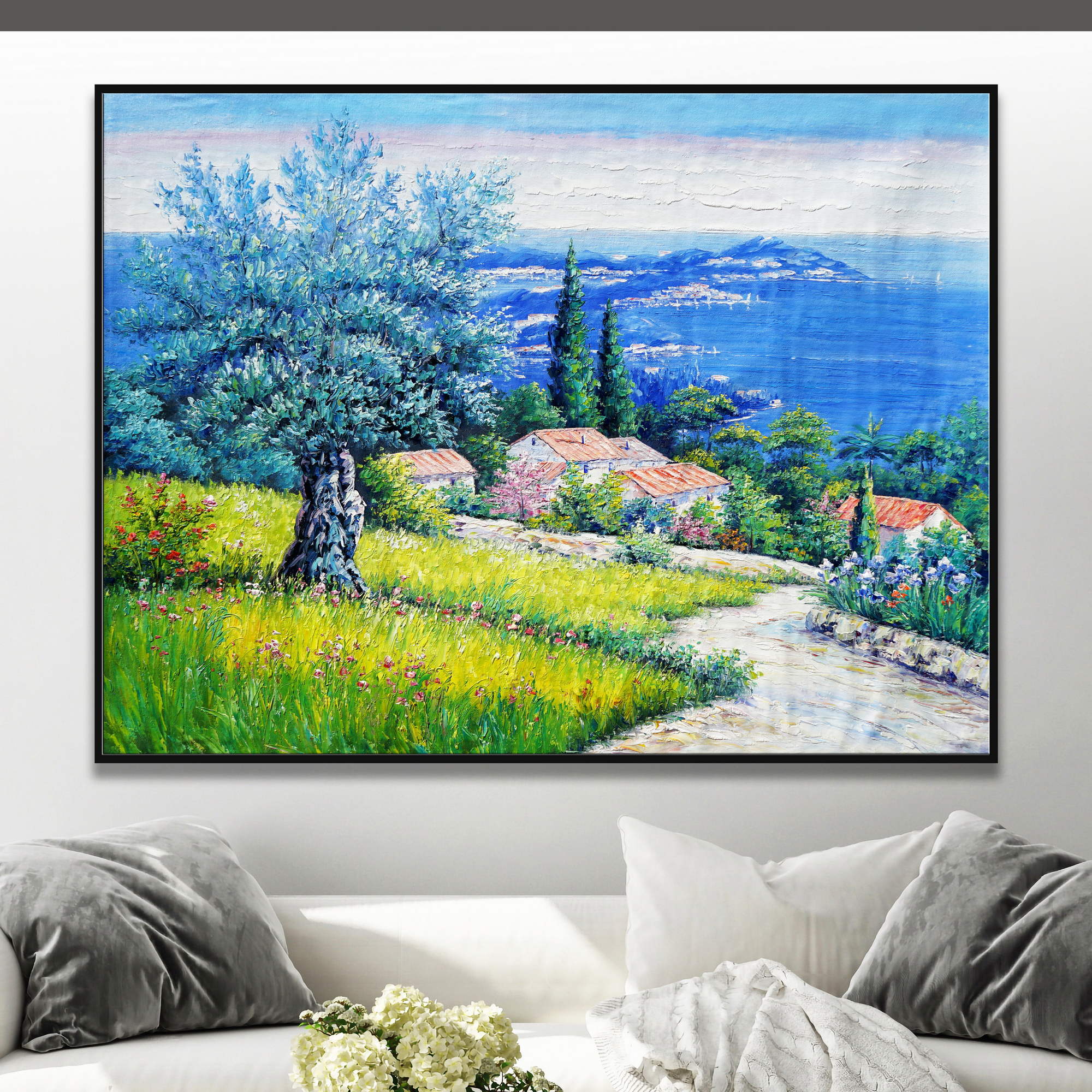 Hand painted Seascape with olive trees 75x100cm