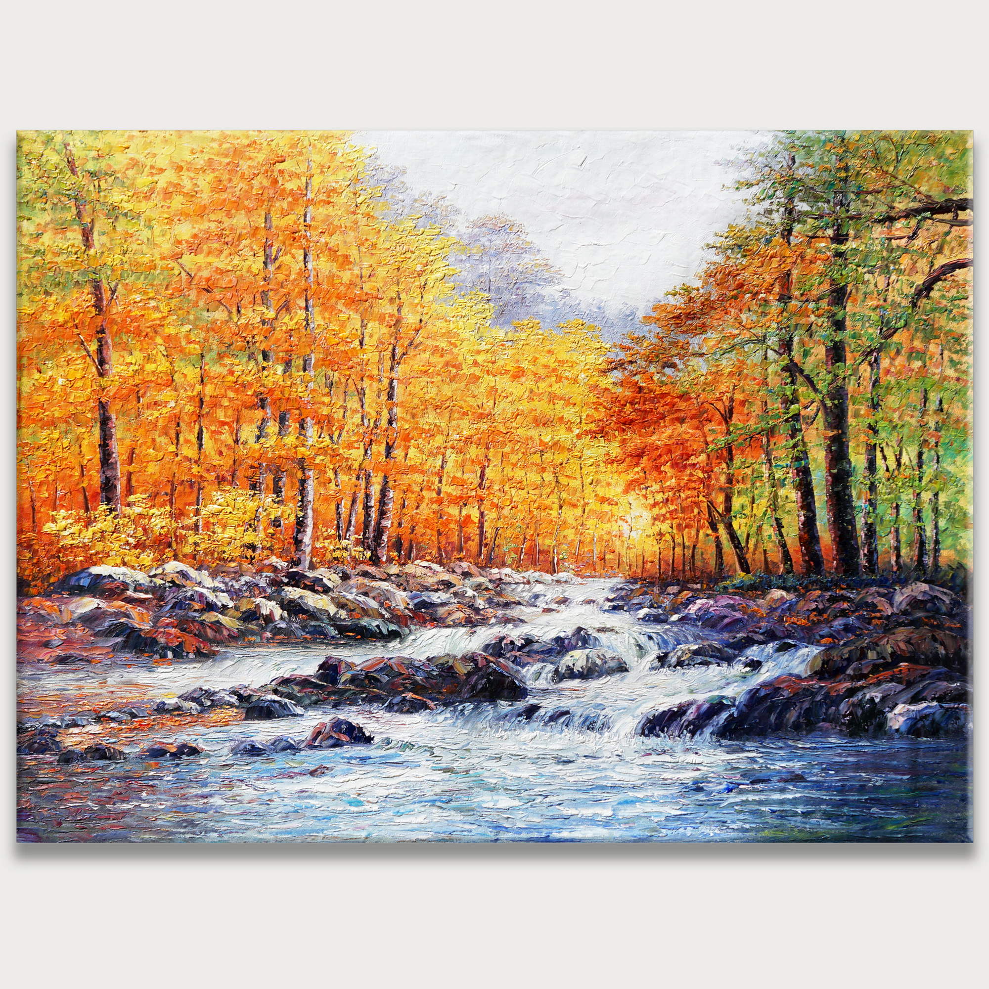 Paysage de rivière automnal peint à la main 75x100cm