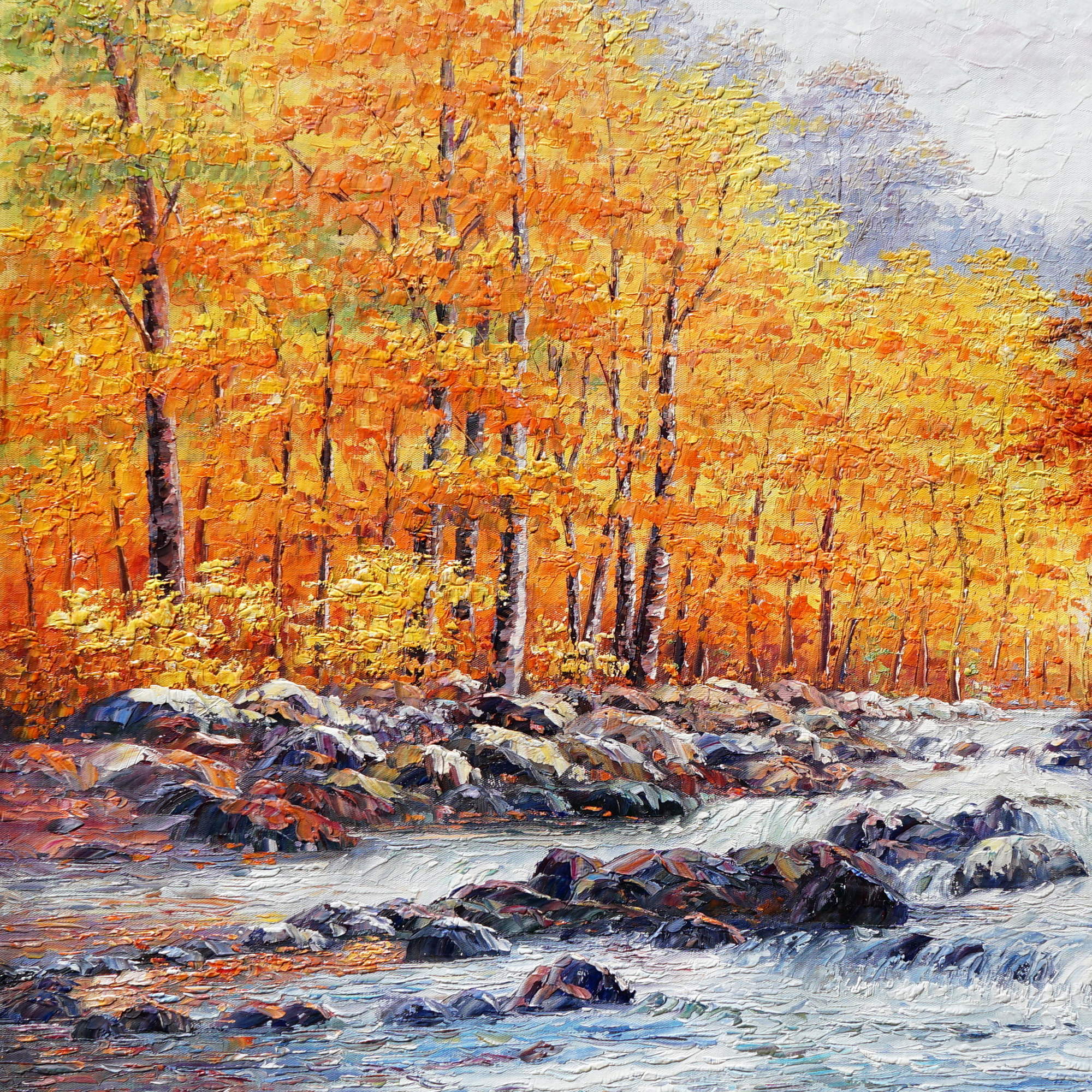 Hand painted Autumnal River Landscape 75x100cm