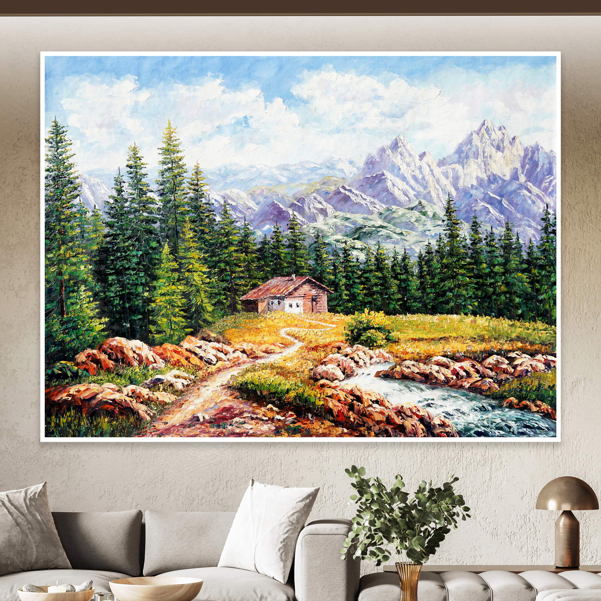 Paysage de montagne peint à la main avec cabane 75x100cm