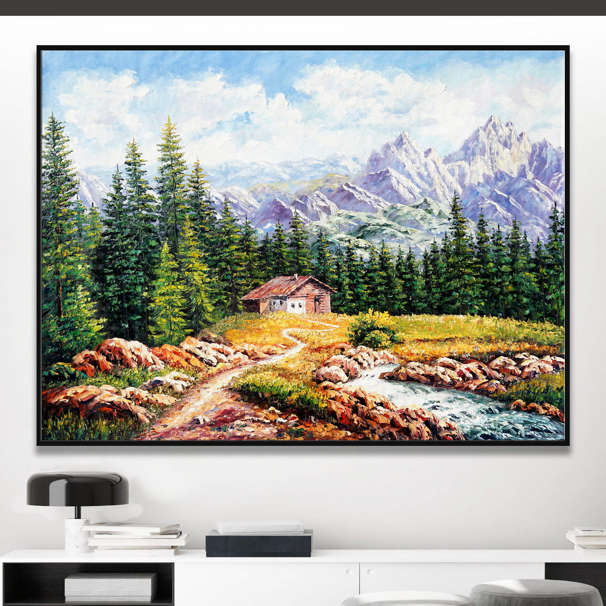 Hand painted Mountain landscape with hut 75x100cm