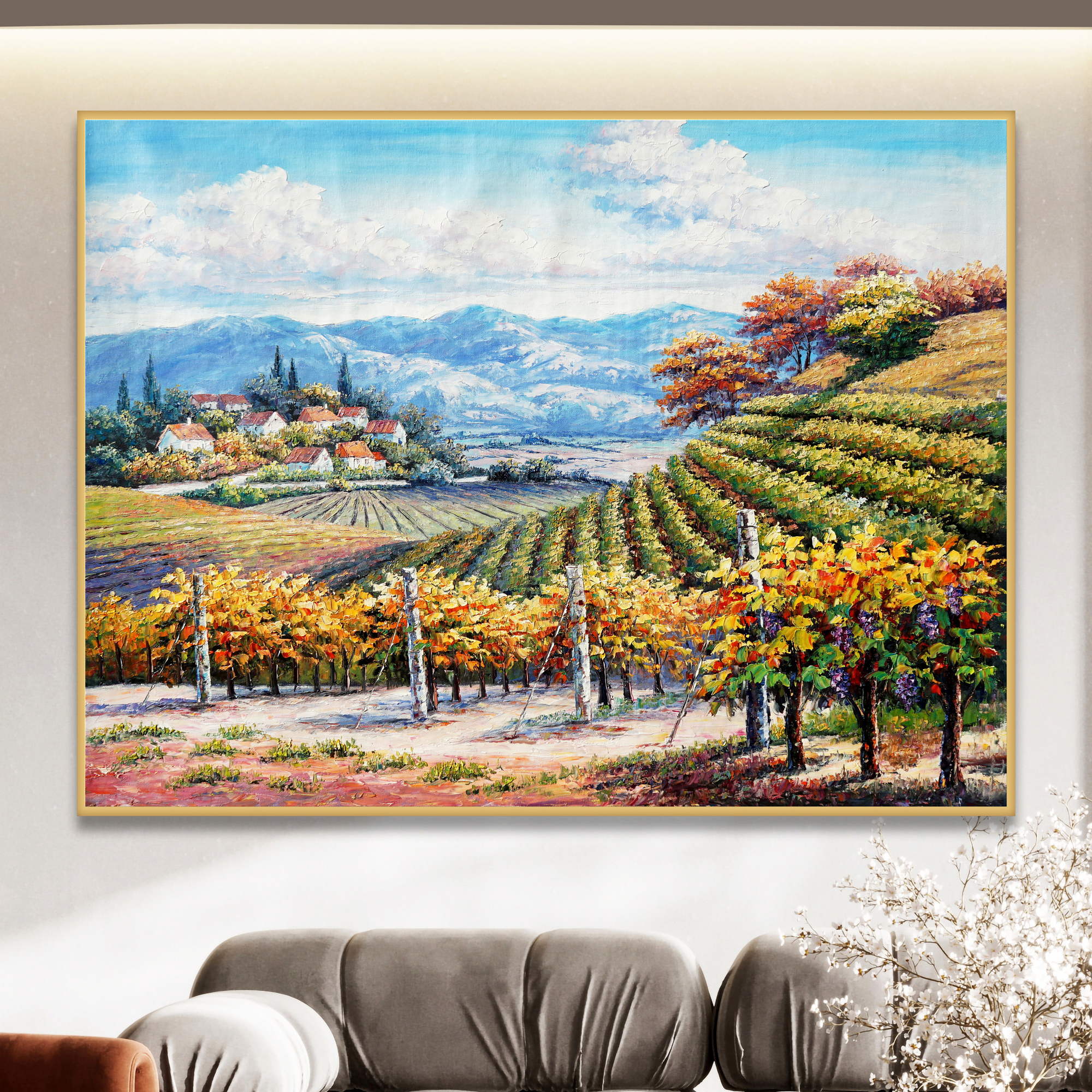 Paysage toscan peint à la main avec vignobles 75x100cm