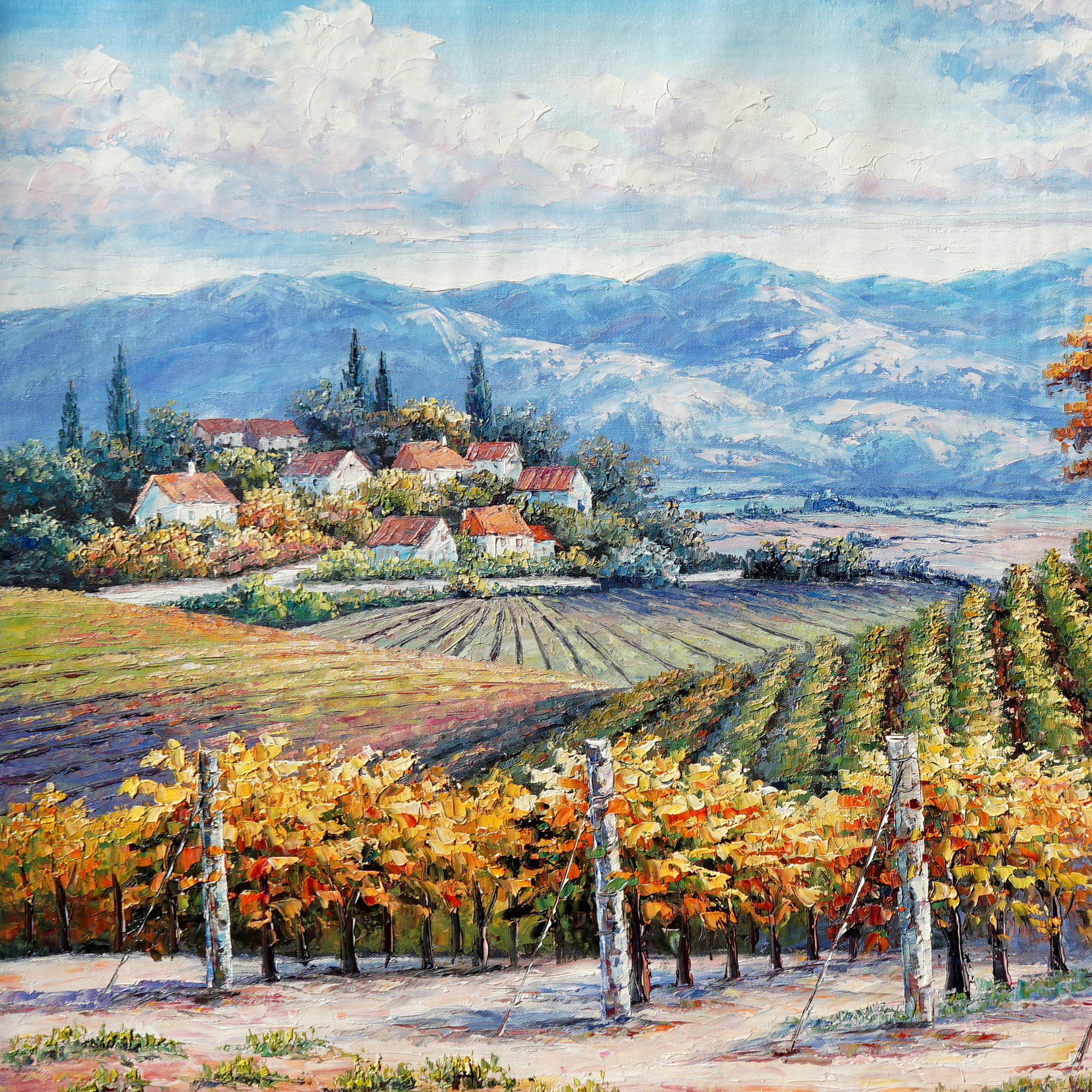 Paysage toscan peint à la main avec vignobles 75x100cm